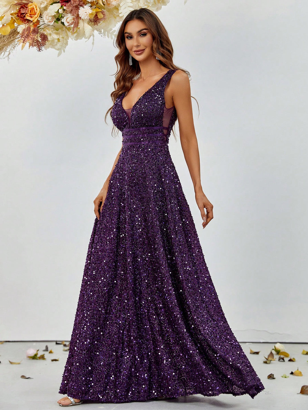 Elegant Deep V Neck Sequin A Line Prom Dresses