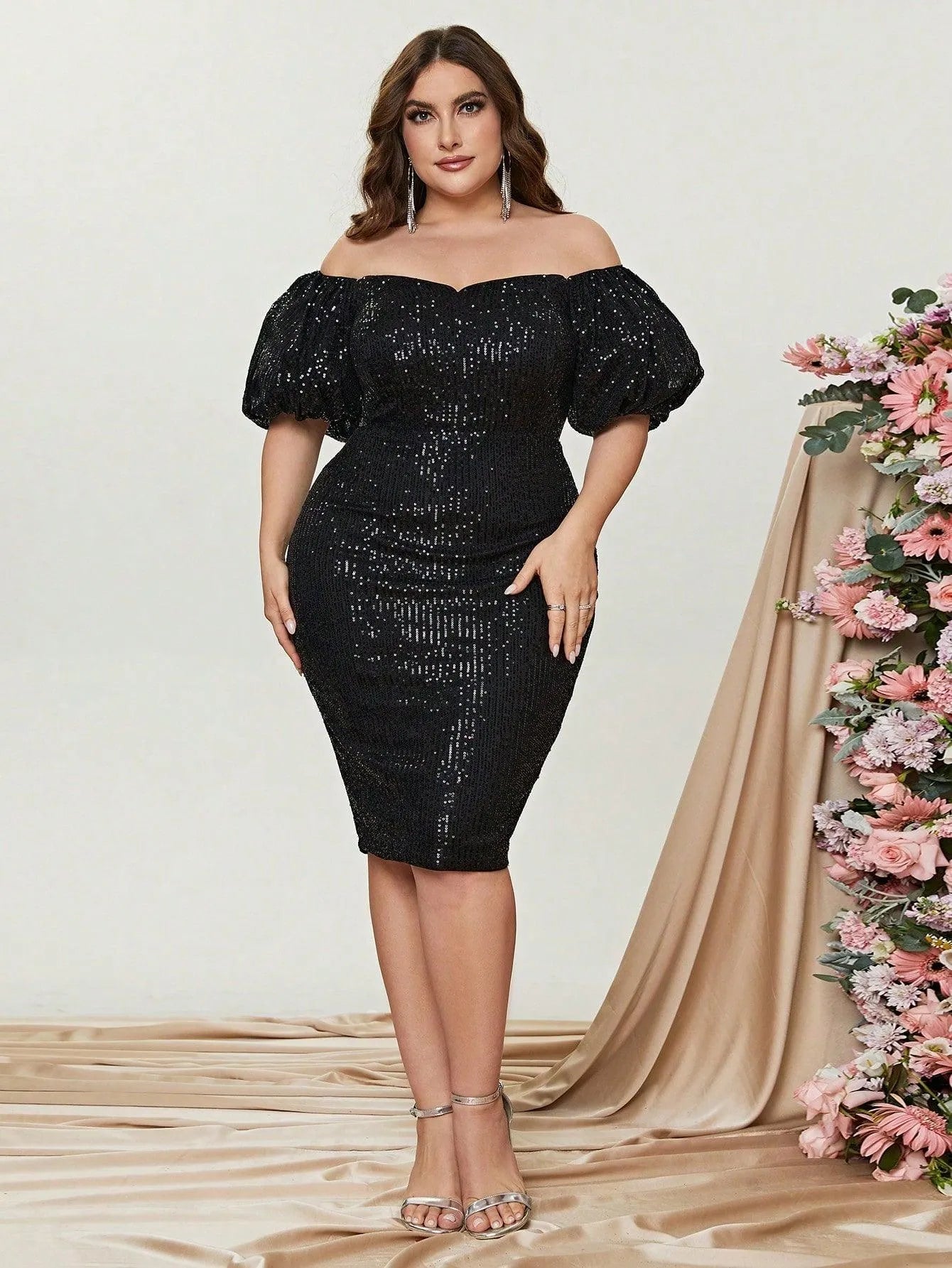 Plus Off Shoulder Puff Sleeves Sequin Midi Dress