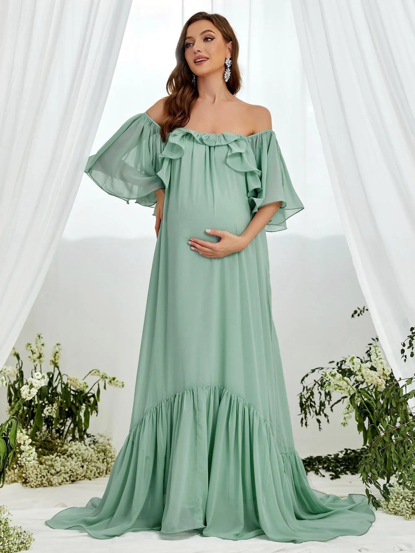 Maternity Off Shoulder Layered Ruffle Sleeves Chiffon Dress