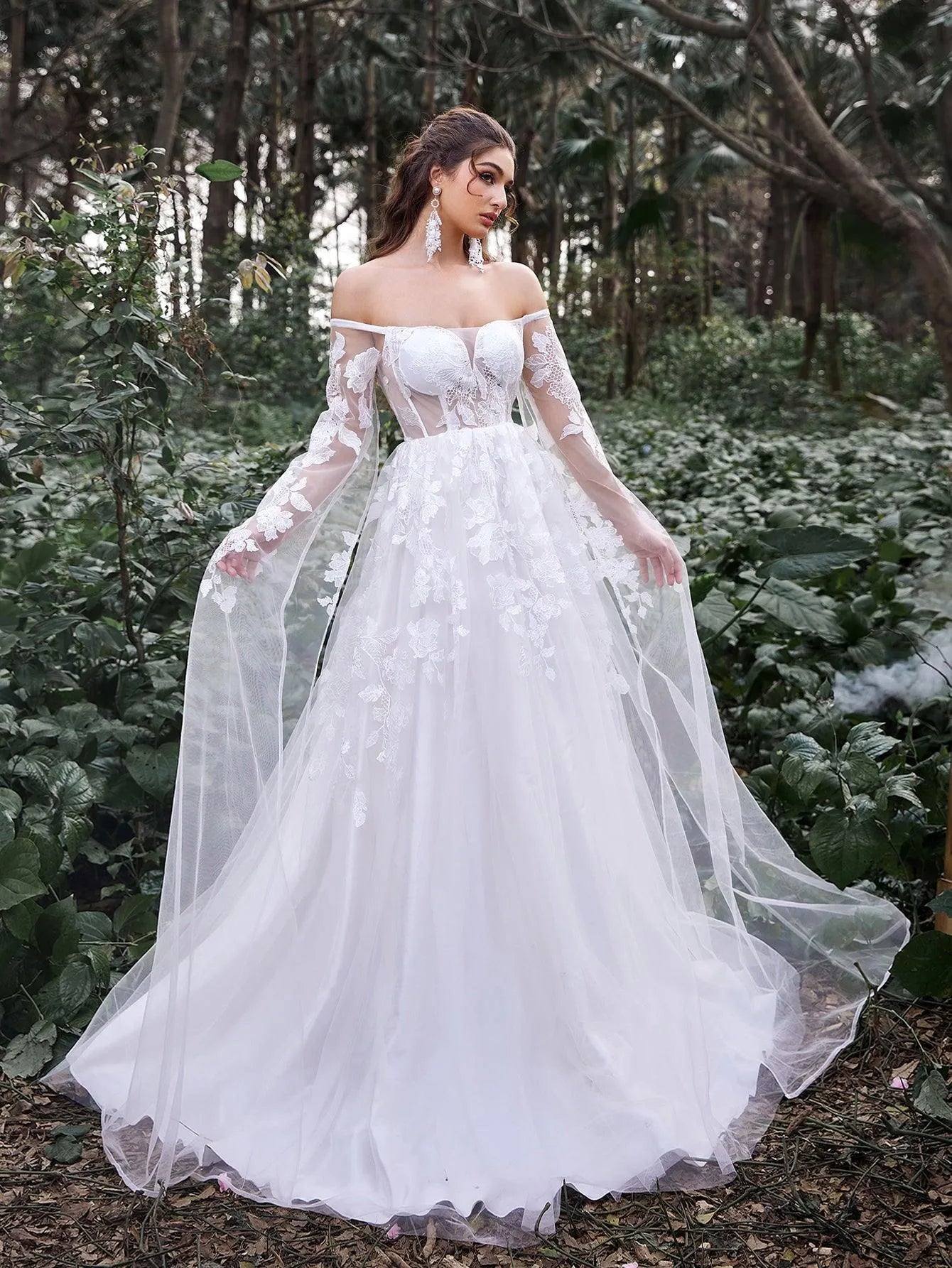 Gorgeous Off Shoulder Cape Sleeves Floral Applique Detail Wedding Dress