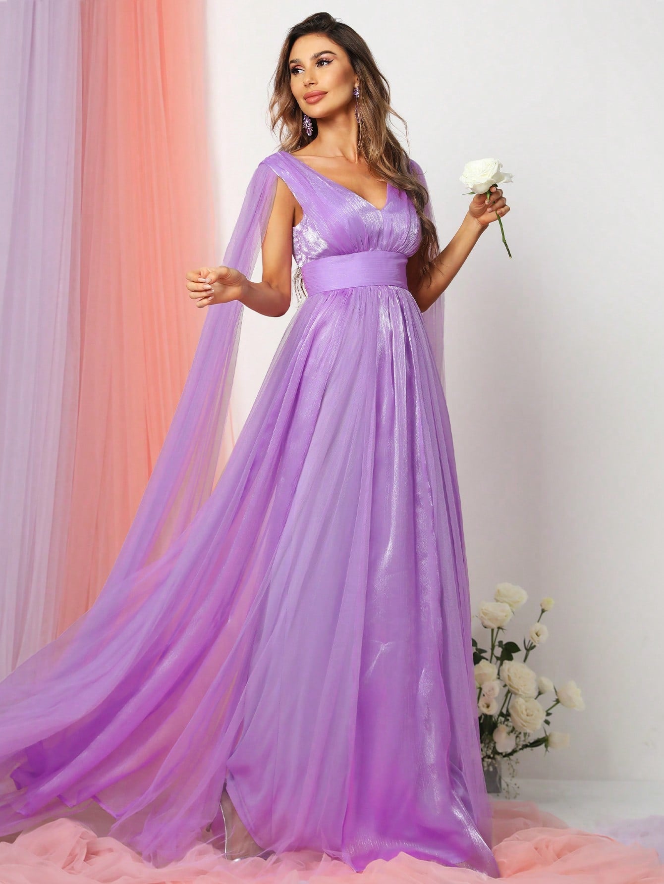 Plunging Neck A Line Bridesmaid dress With Cape