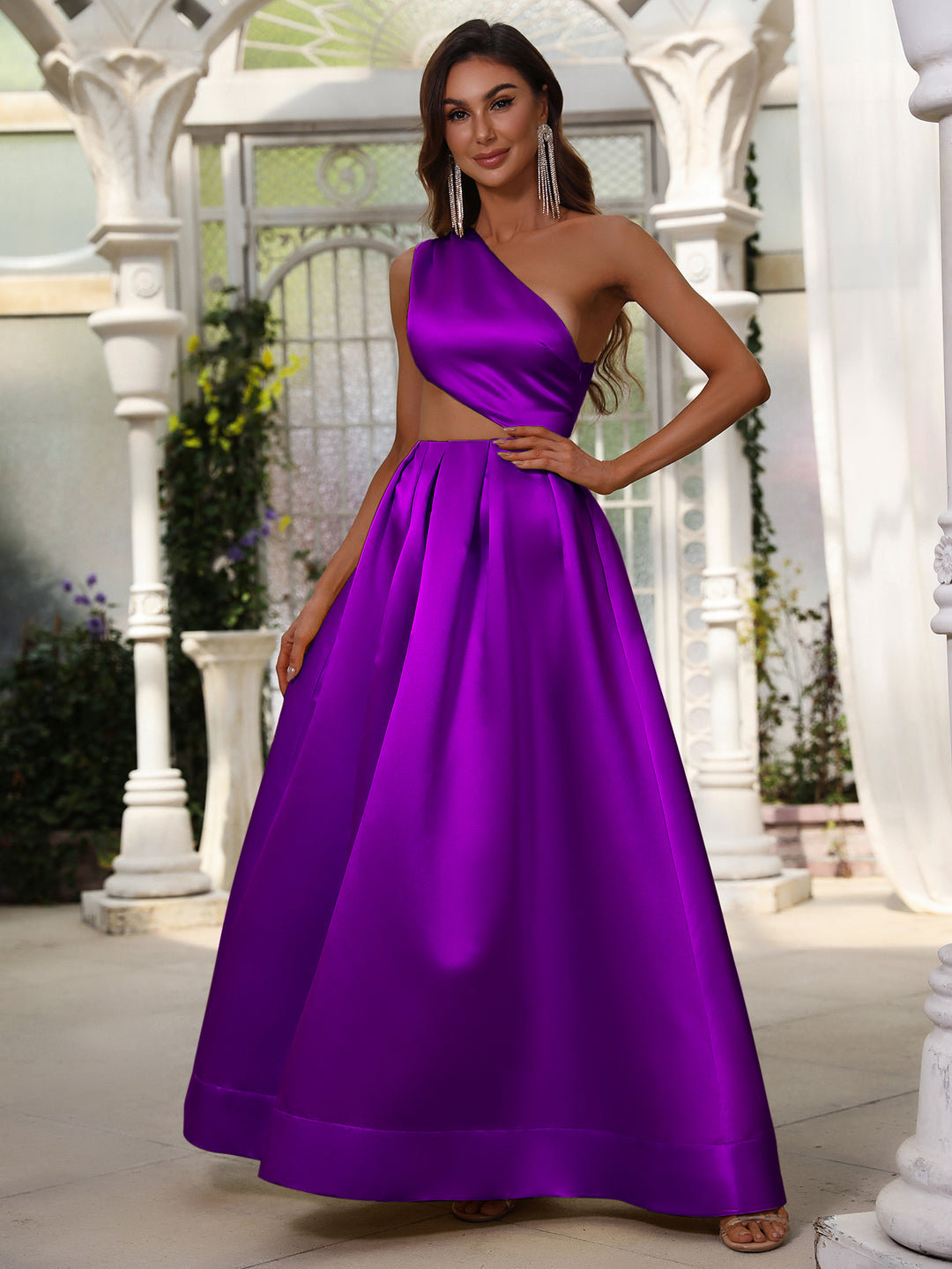 Cut Out One Shoulder Sleeveless Satin A line Dresses