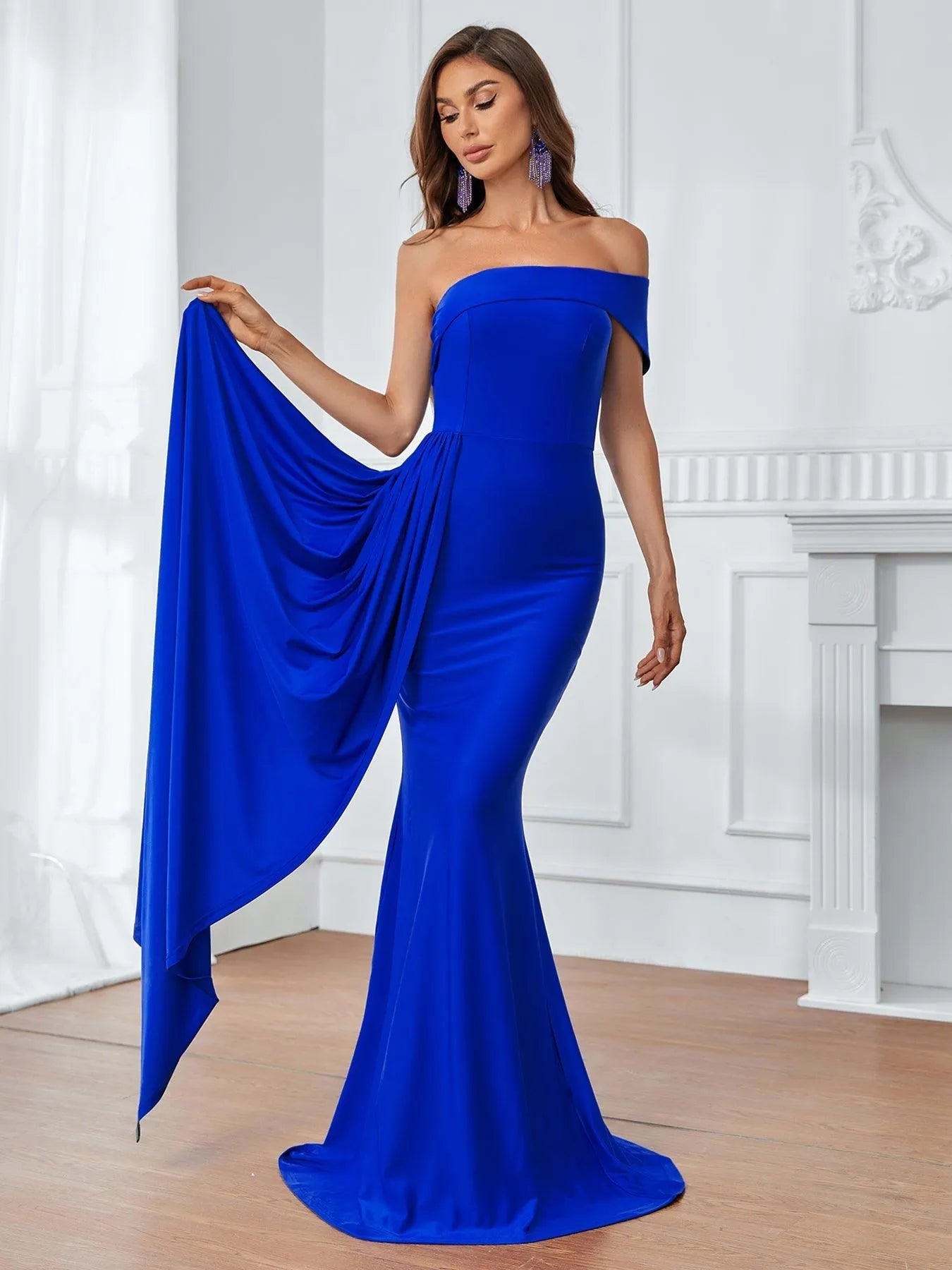 Off Shoulder Draped Side Mermaid Hem Formal Dress