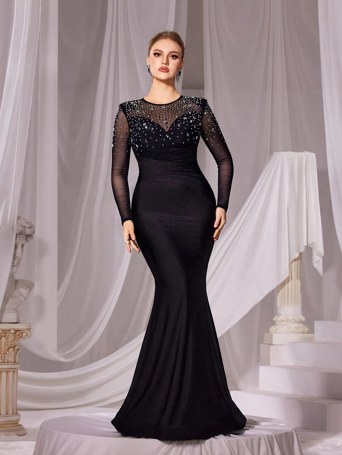 Rhinestone Detail Round Neck Long Sleeves Mermaid Dress