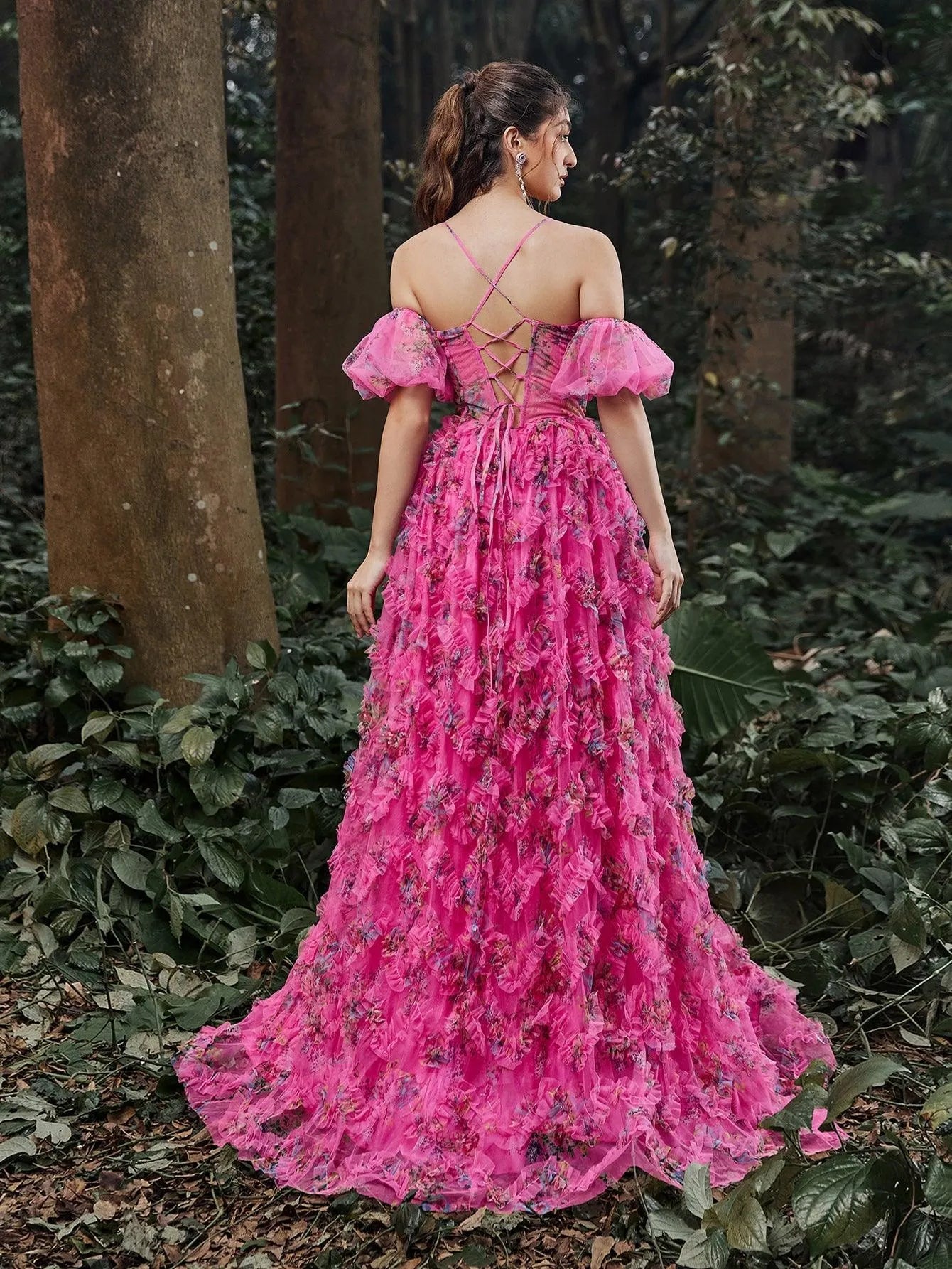 Floral Tulle Off Shoulder Cascading Ruffle Hem Slip Prom Dress