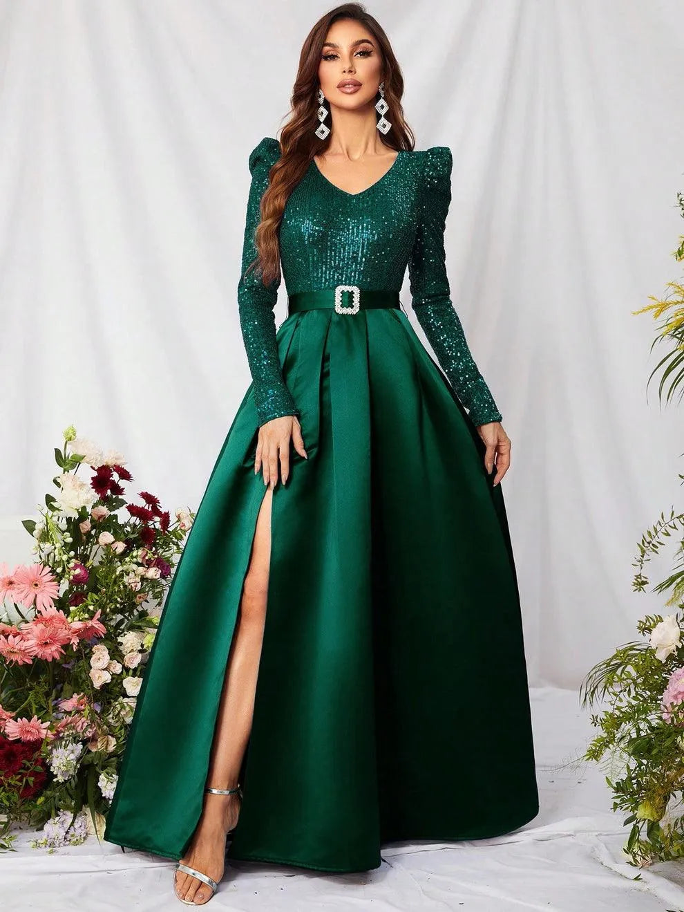 Elegant V Neck Gigot Sleeve Slit A Line Prom Dress