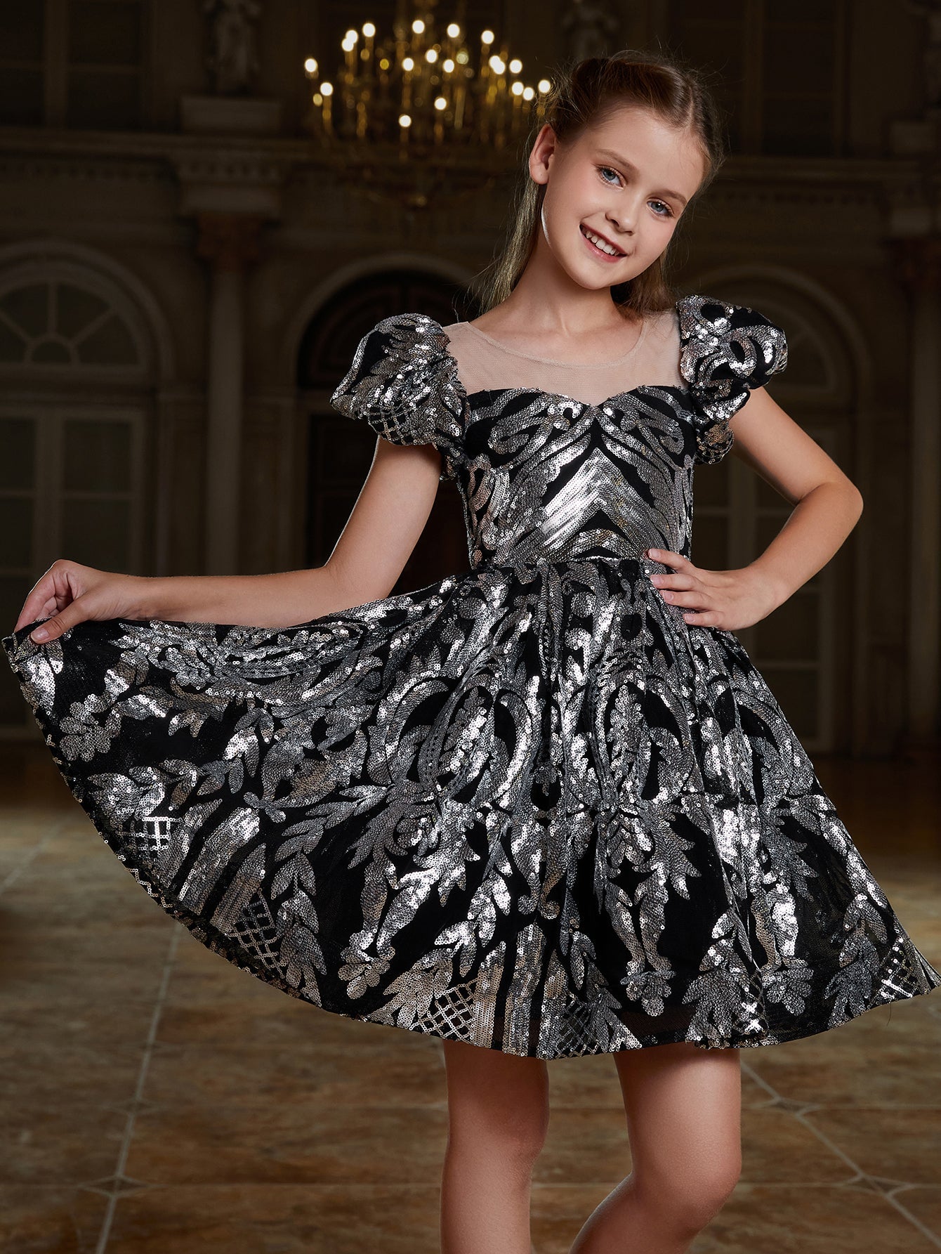 Girl's Puff Sleeve Contrast Mesh Sequin Party Dress