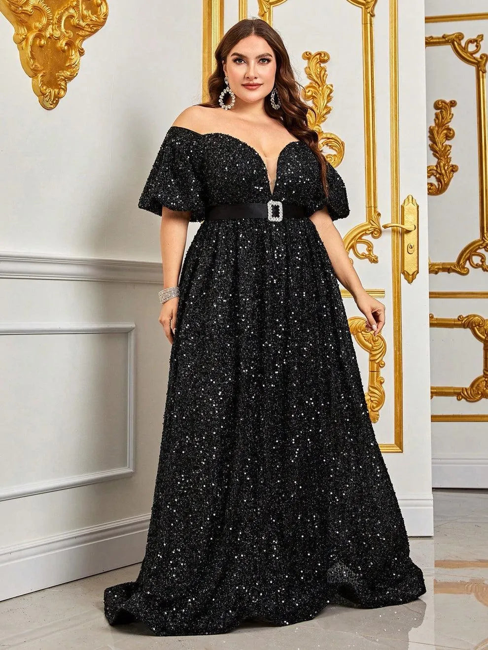 Plus Off Shoulder Puff Sleeves Sequin Formal Dress