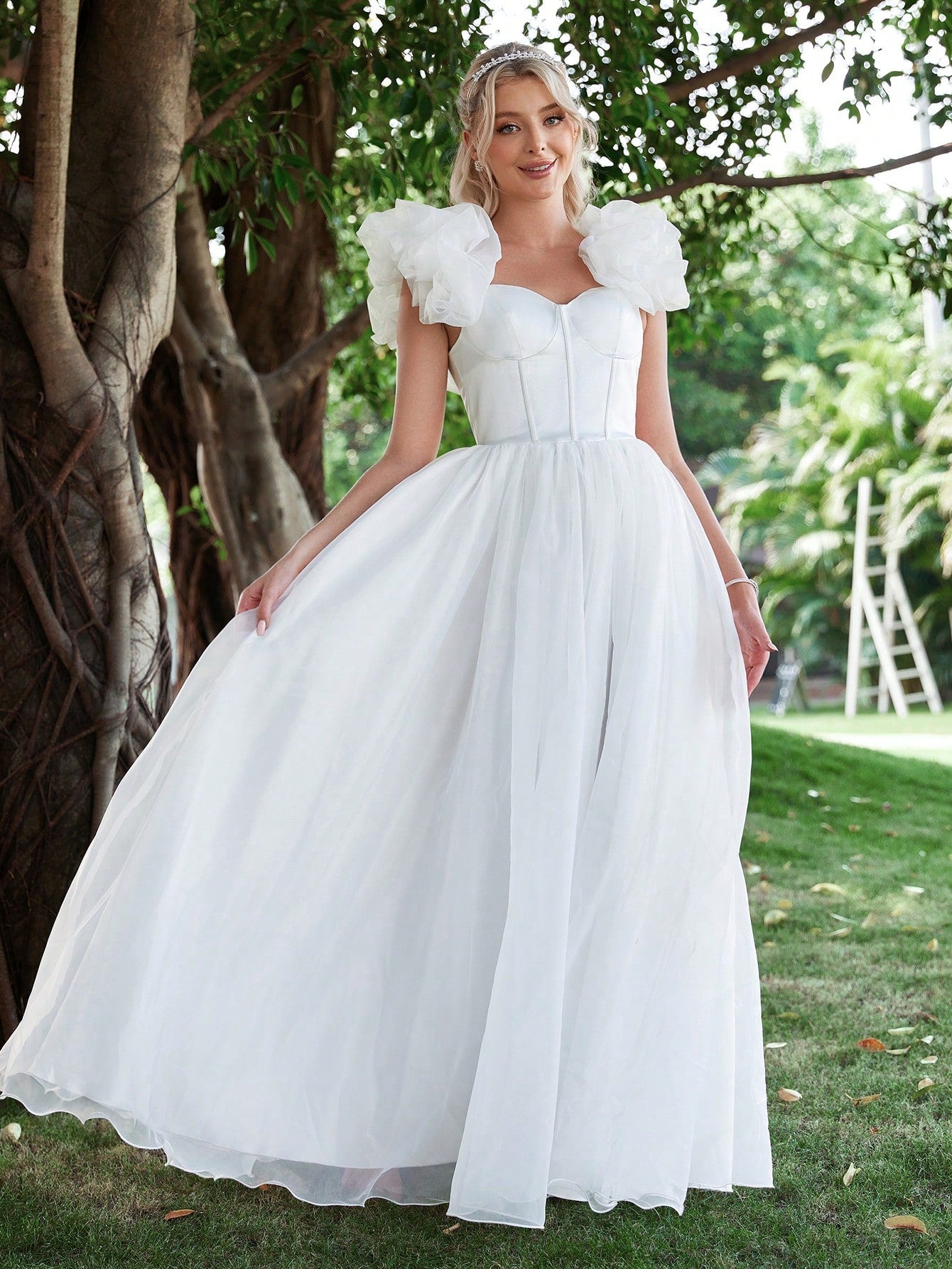 Satin Bodice Contrast Organza Hem Brides Dress