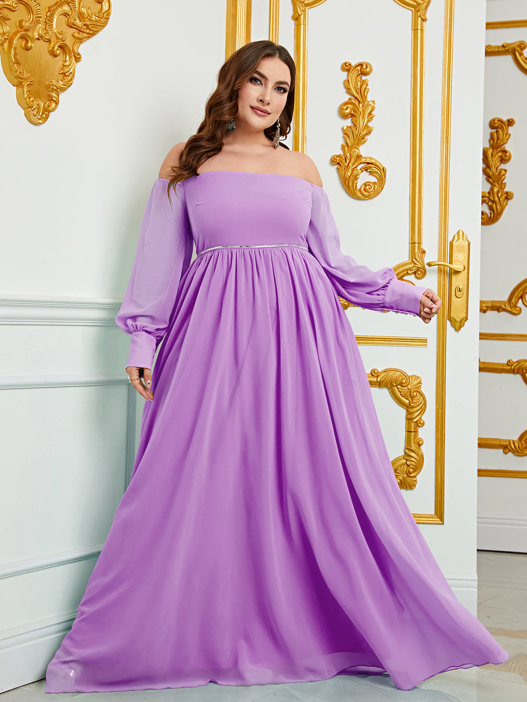 Plus Size Elegant Off Shoulder Long Sleeve Chiffon A Line Dresses