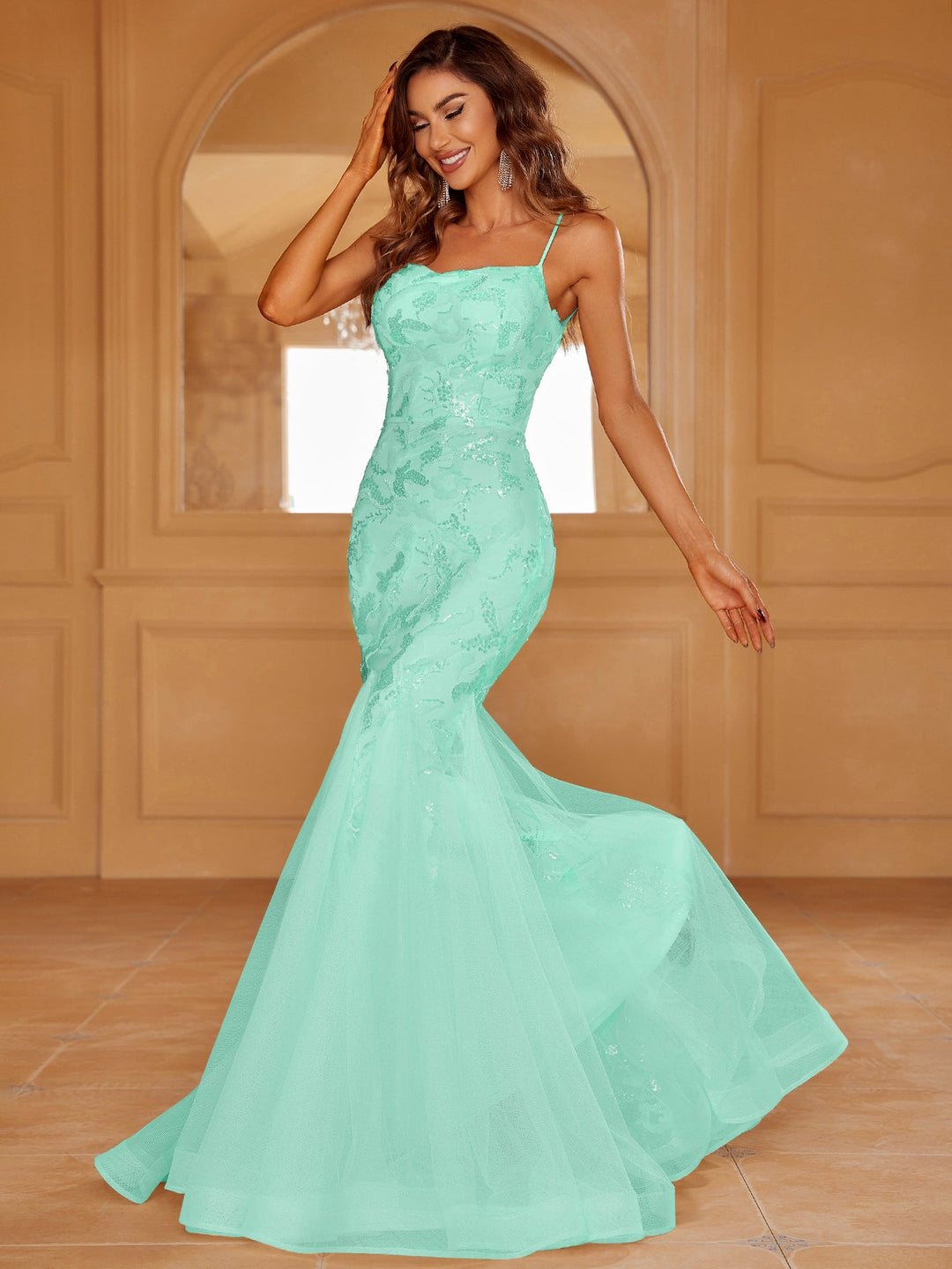 Spaghetti Strap Lace Up Backless Sequin Mermaid Dresses