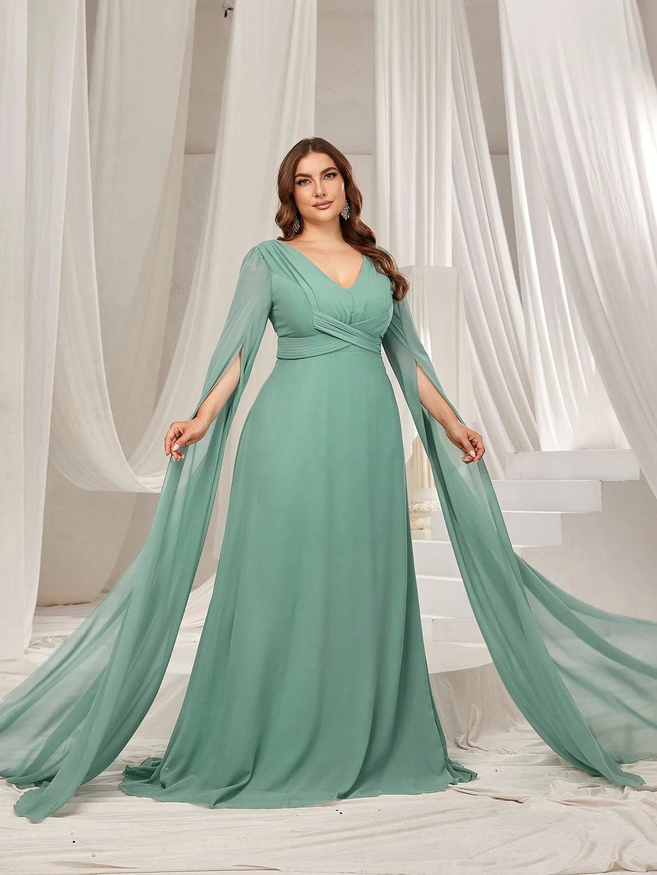 Plus Solid Ruched Front Extra-Long Sleeves Chiffon Prom Dress