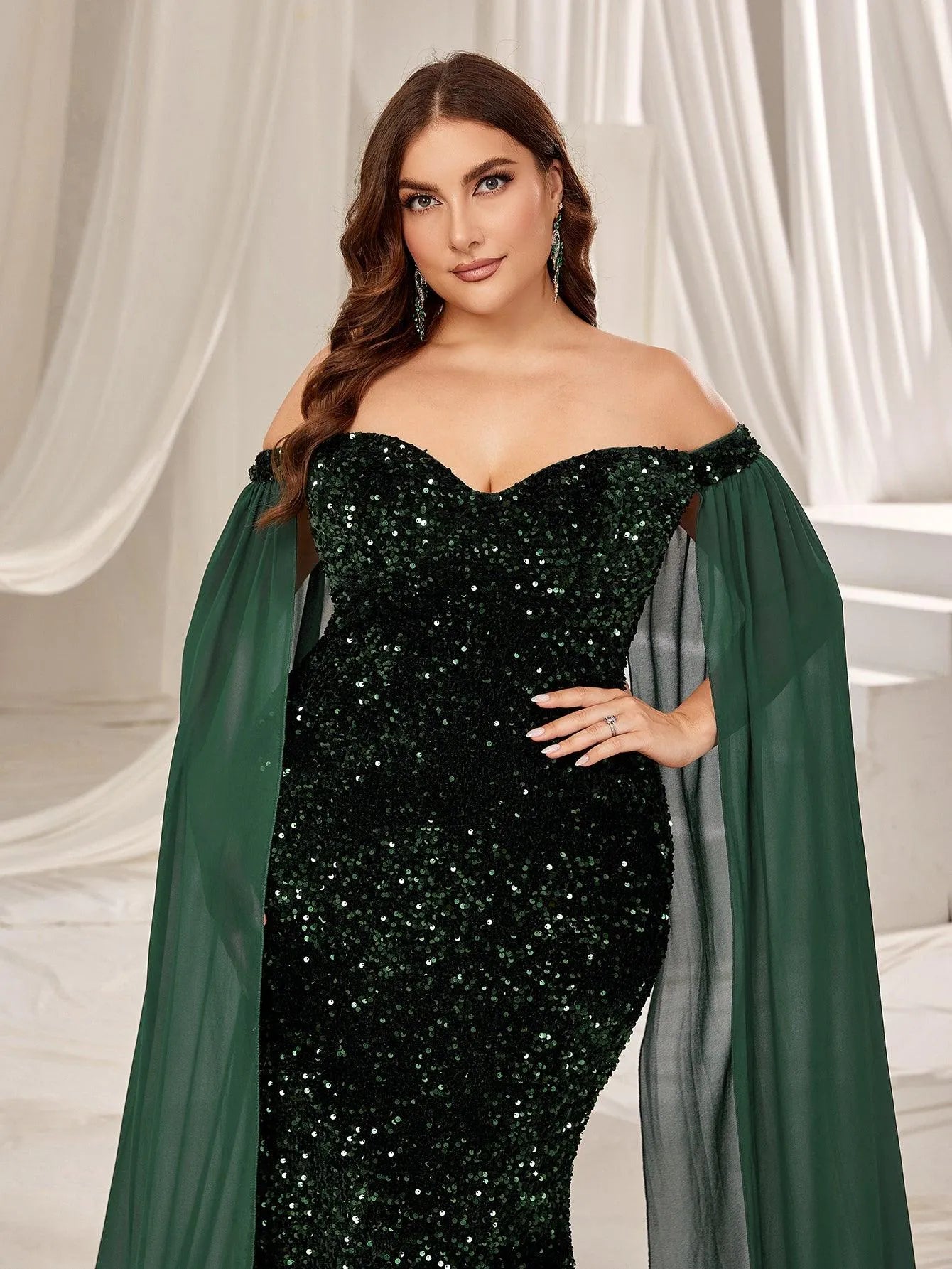 Plus Off Shoulder Extra-Long Sleeve Sequin Mermaid Dress