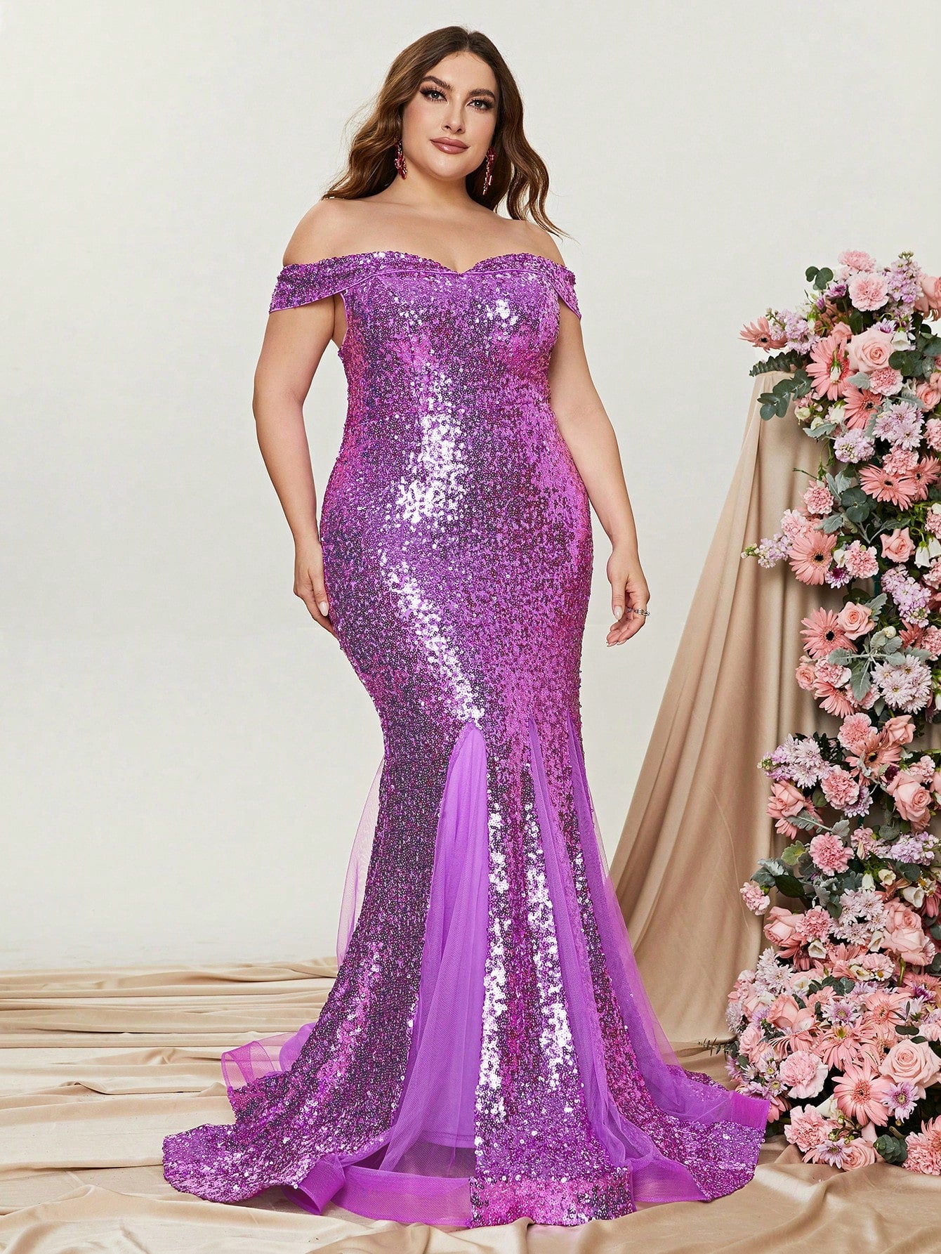 Plus Off Shoulder Sleeveless Mesh Insert Sequin Mermaid Dress