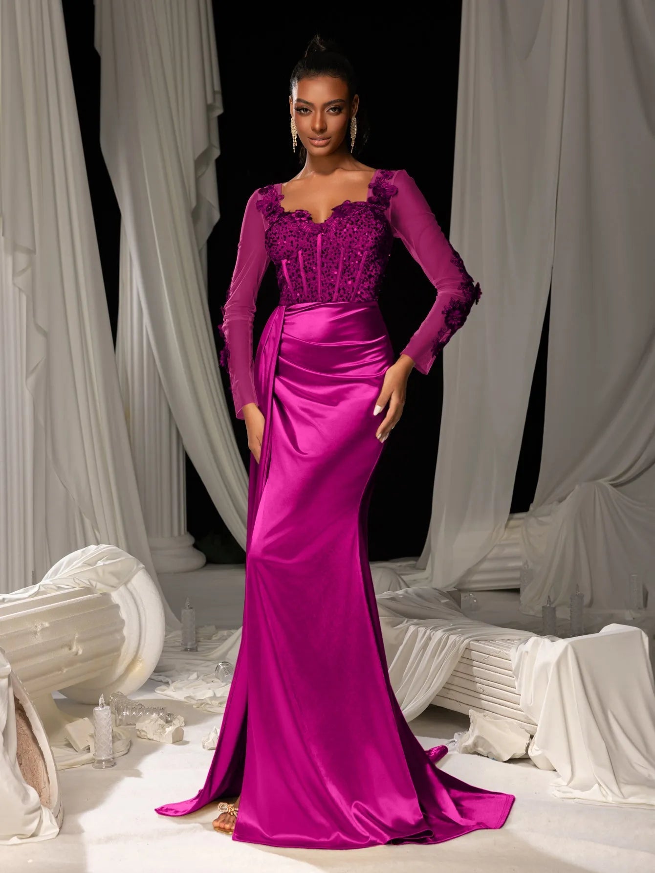 Elegant Sequin Bodice Sheer Sleeves Mermaid Hem Satin Evening Dress