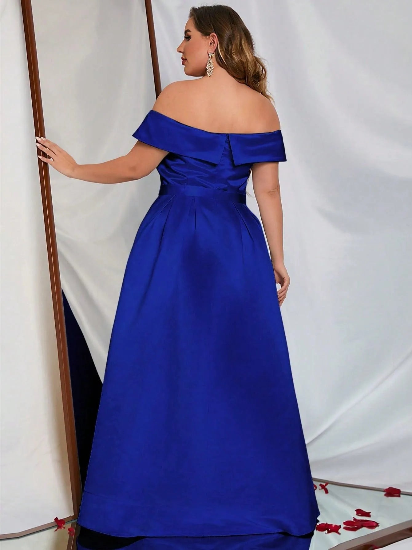 Plus Off Shoulder Buckle Belted Satin Ball Gown