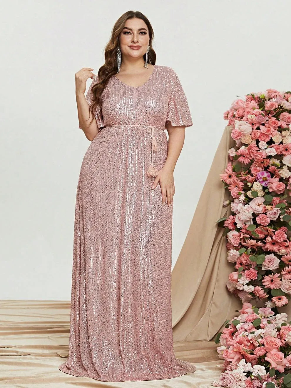 Plus Butterfly Sleeve Sequin Prom Dress