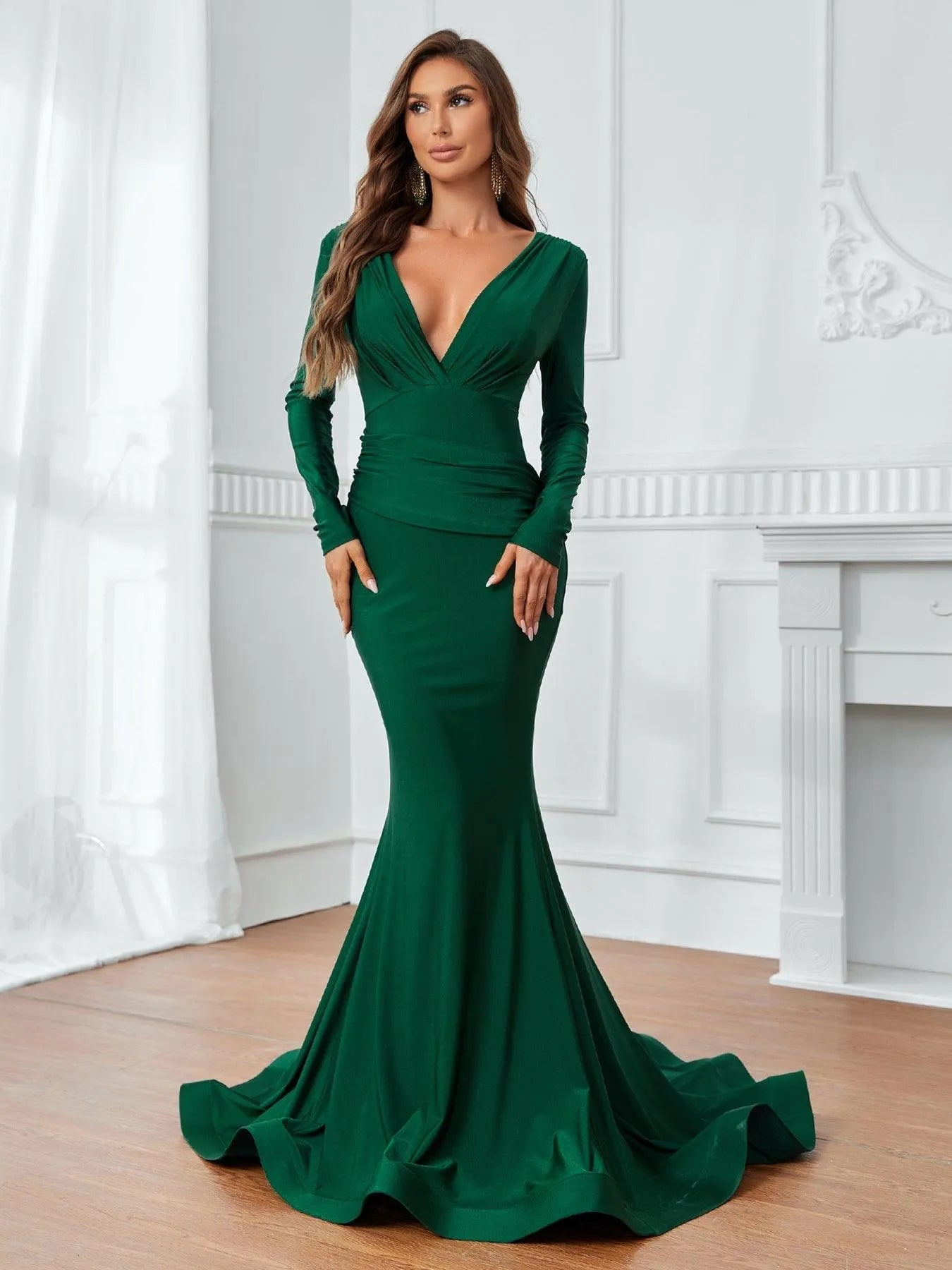 Plunging Neck Backless Mermaid Hem Formal Dress