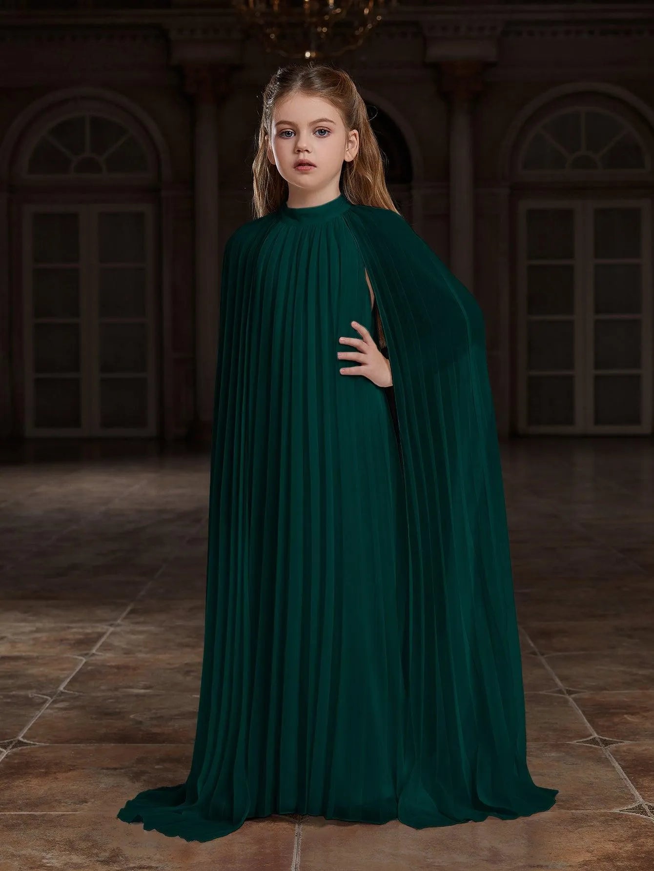 Tween Girls' Mock Neck Extra-Long Sleeves Pleated Chiffon Dress