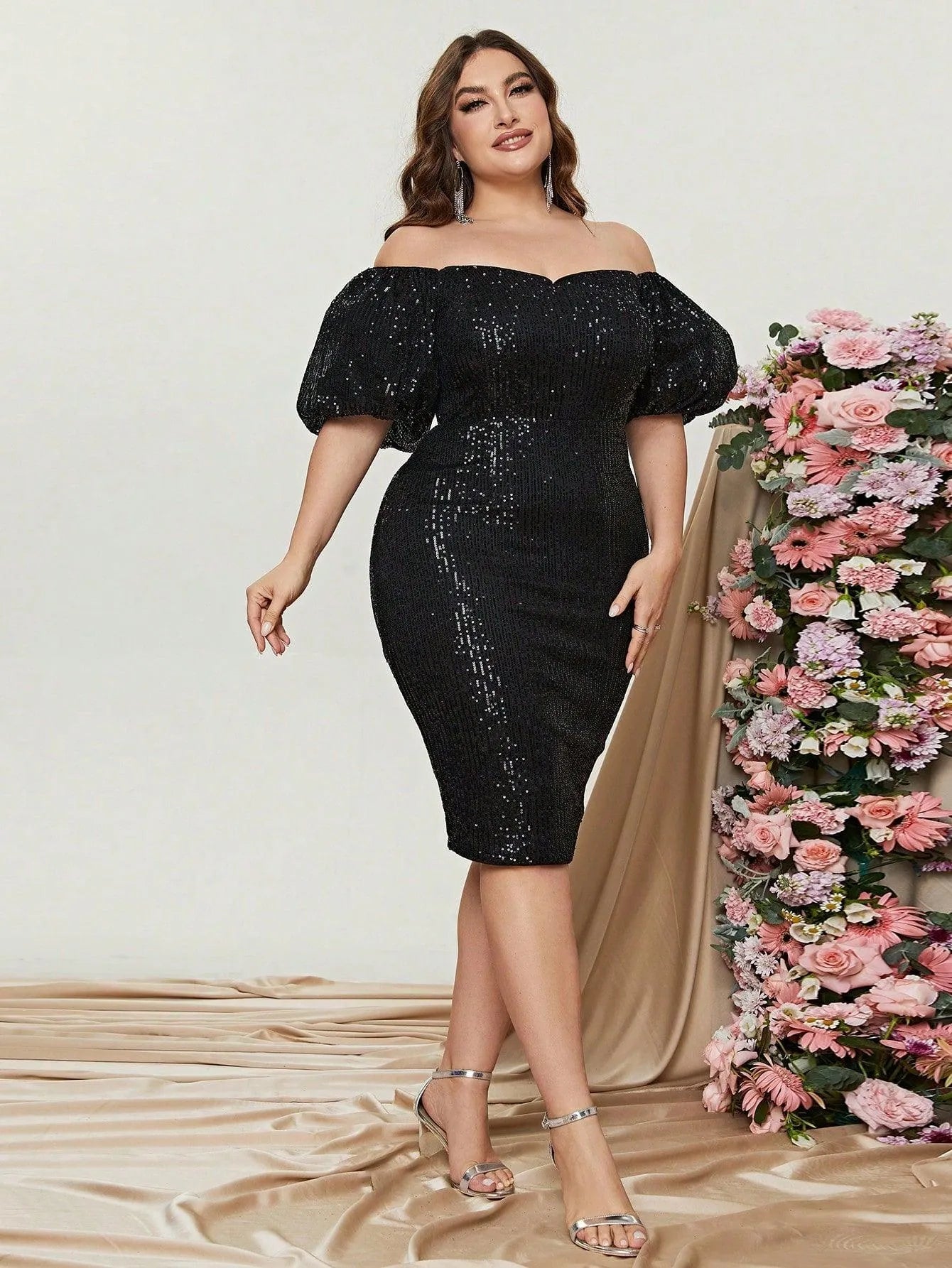 Plus Off Shoulder Puff Sleeves Sequin Midi Dress