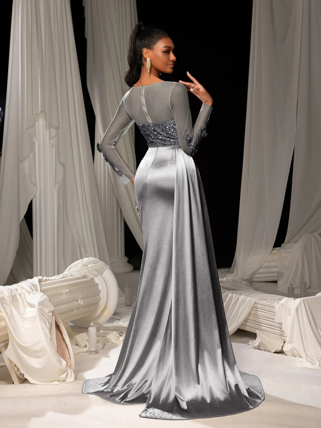 Elegant Sequin Bodice Sheer Sleeves Mermaid Hem Satin Evening Dress