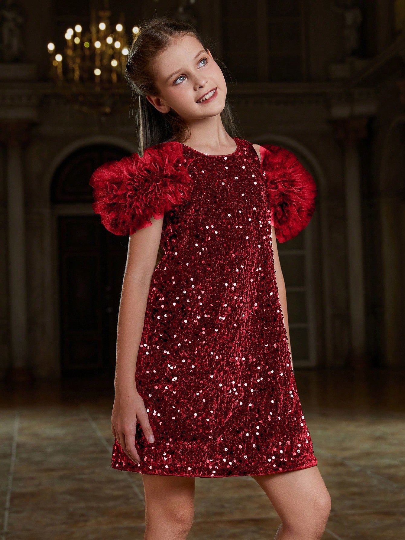 Tween Girls' Ruffle Trim Sequin Party Dress