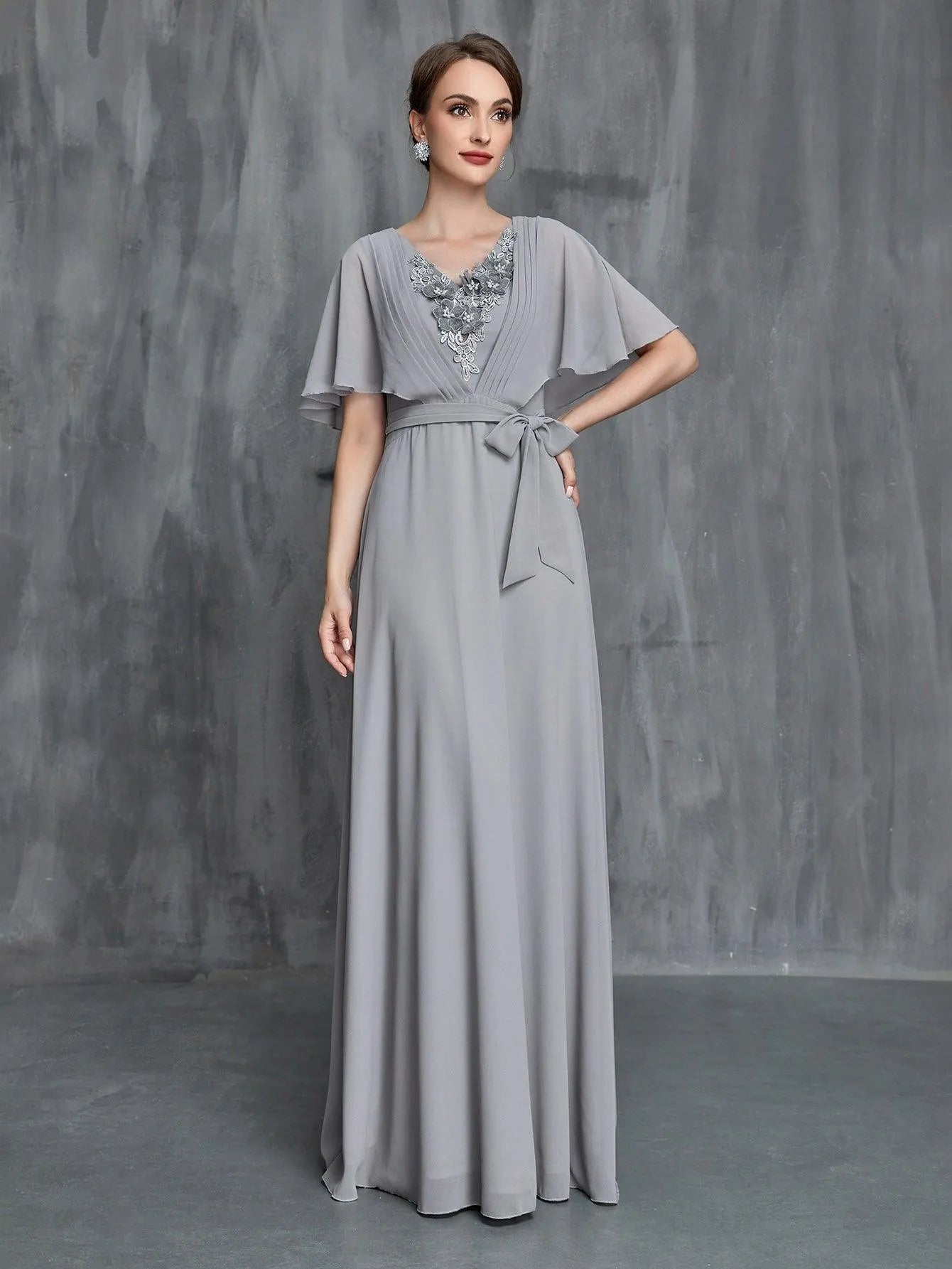 Womens' Applique Detail Butterfly Sleeves Chiffon Belted Dress