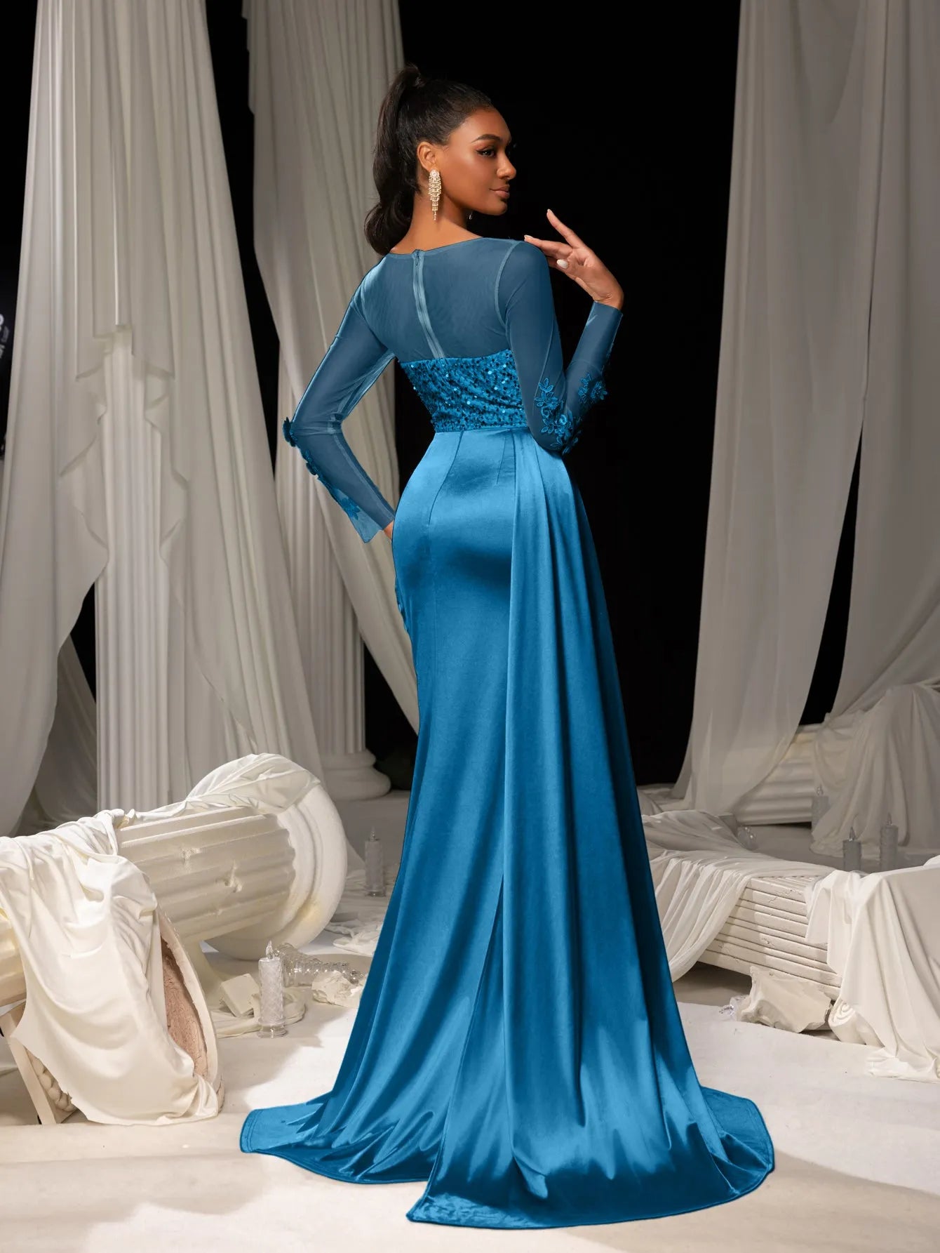 Elegant Sequin Bodice Sheer Sleeves Mermaid Hem Satin Evening Dress