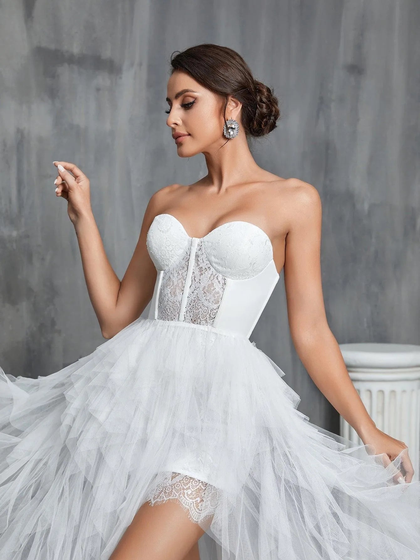 Lace Bodice Contrast Layered Mesh Hem Wedding Dress