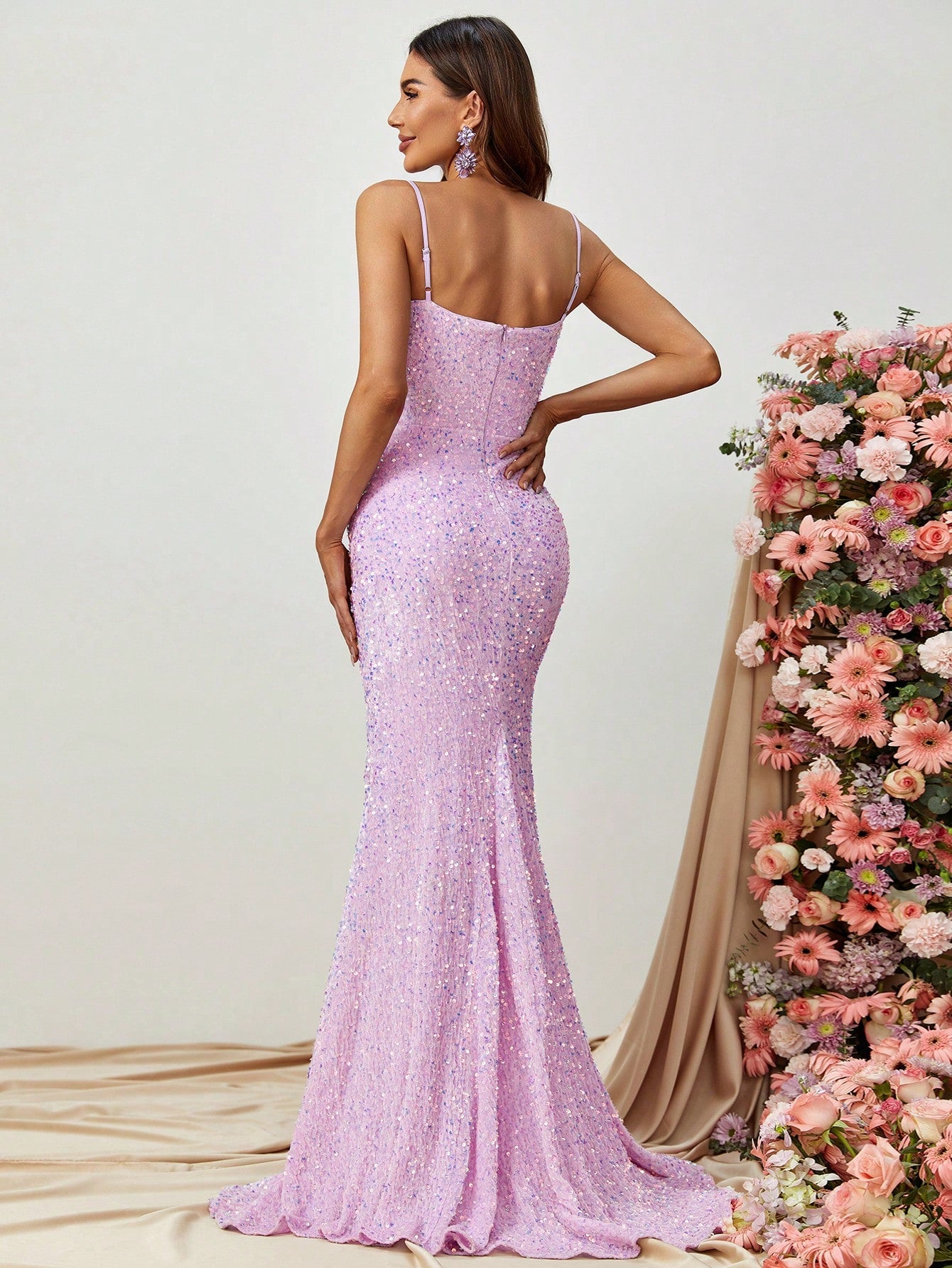 Spaghetti Strap Sweetheart Neck Sequin Slit Dress