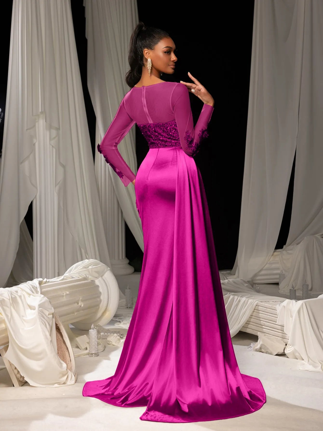 Elegant Sequin Bodice Sheer Sleeves Mermaid Hem Satin Evening Dress