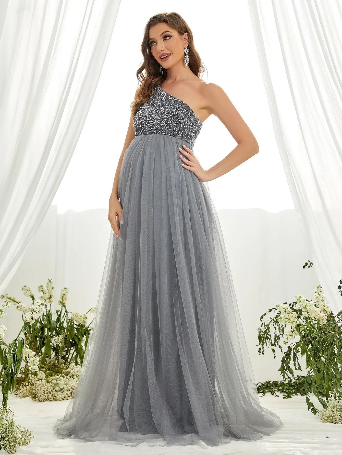 Maternity One Shoulder Contrast Sequin Mesh Party Dress