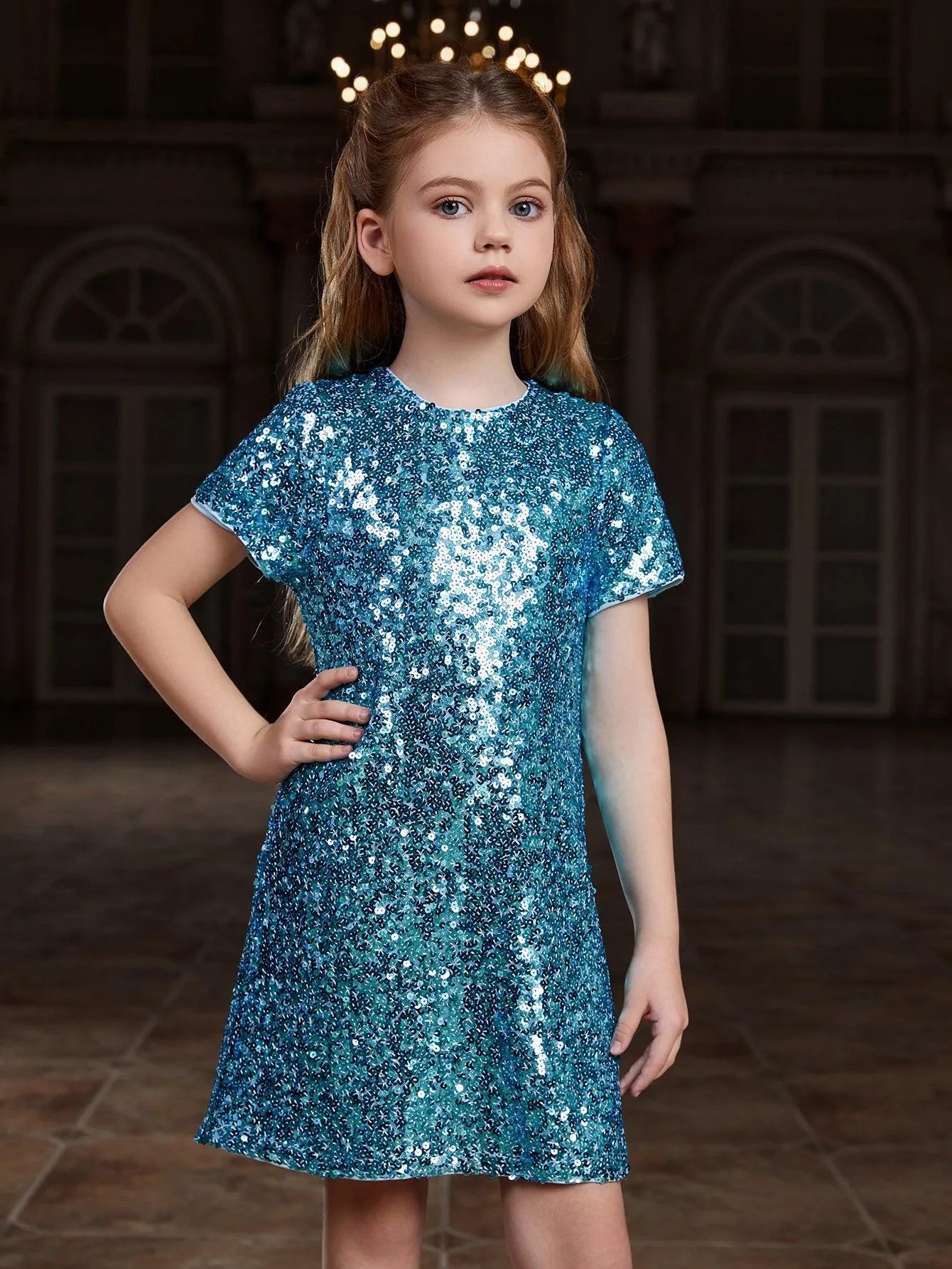 Tween Girls' Round Neck Short Sleeves Sequin Dress