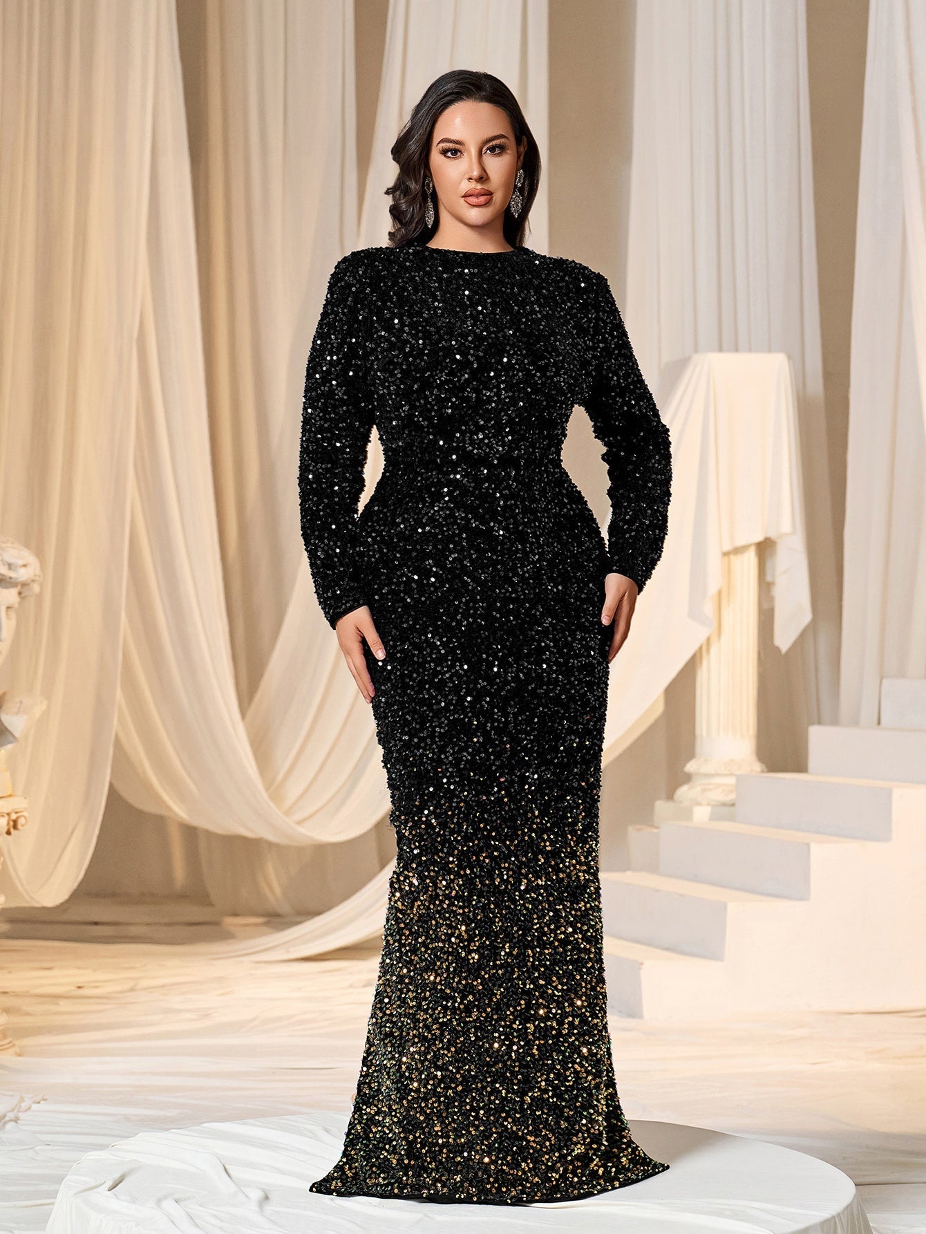 Plus Long Sleeves Split Hem Ombre Sequin Evening Dress