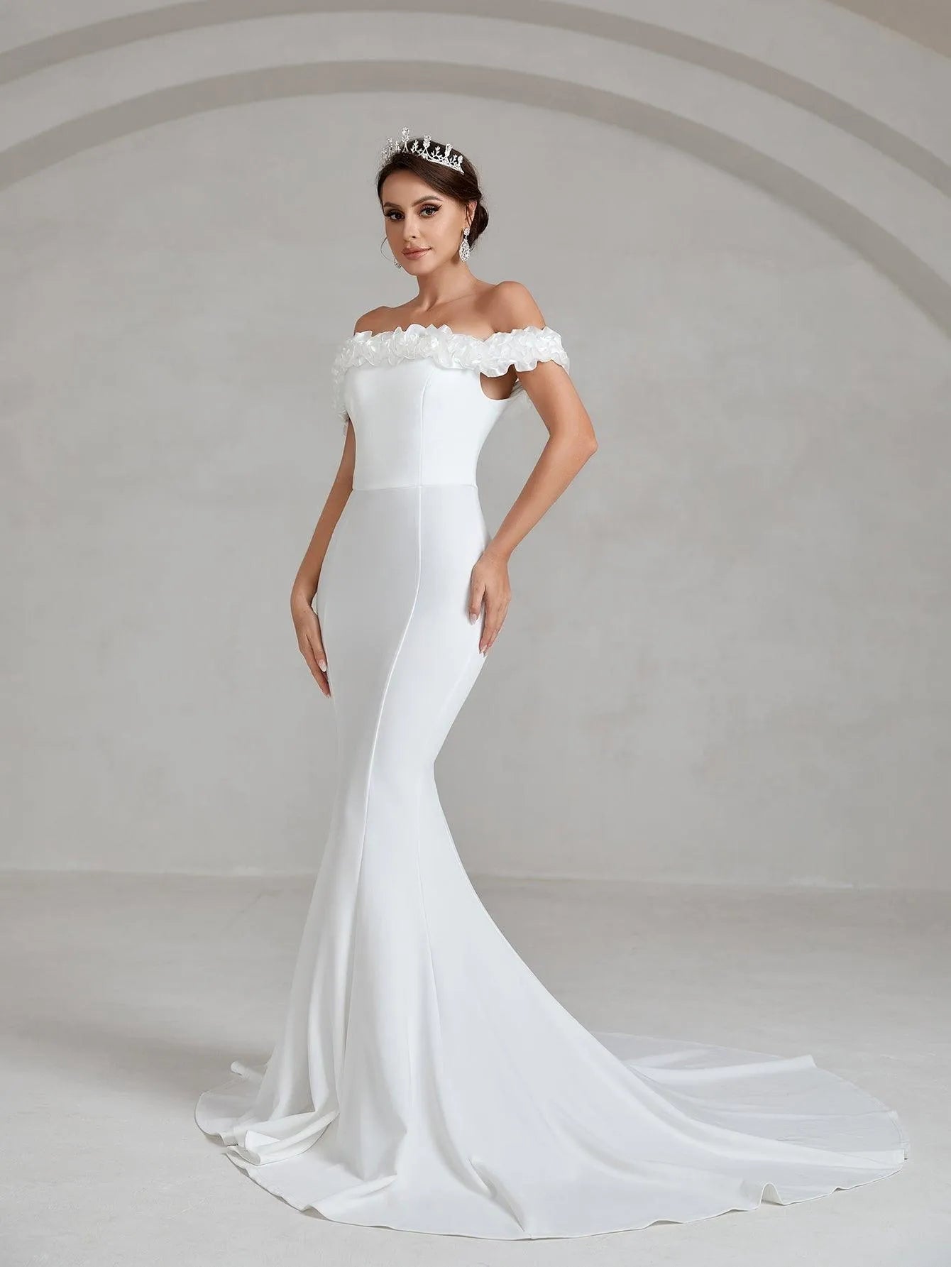 Ruffle Trim Off Shoulder Mermaid Hem Wedding Dress