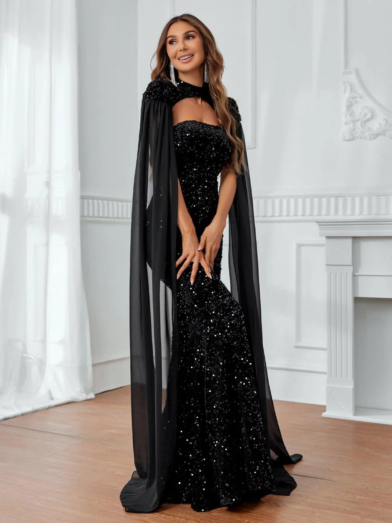 Black Chiffon Cloak Sleeves Sequin Tube Dress