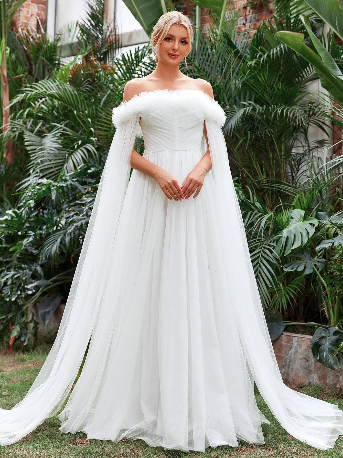 Off Shoulder Ruched Front Cloak Sleeve Mesh Wedding Dress