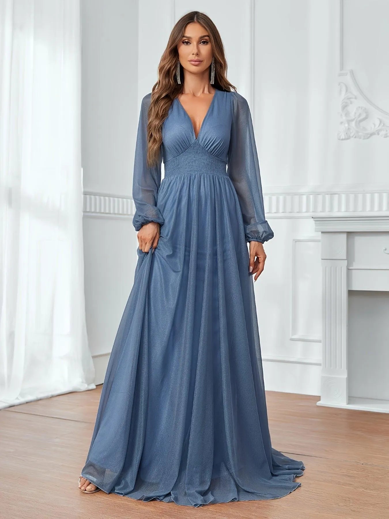 Elegant Shirred Waist Maxi A Line Dress