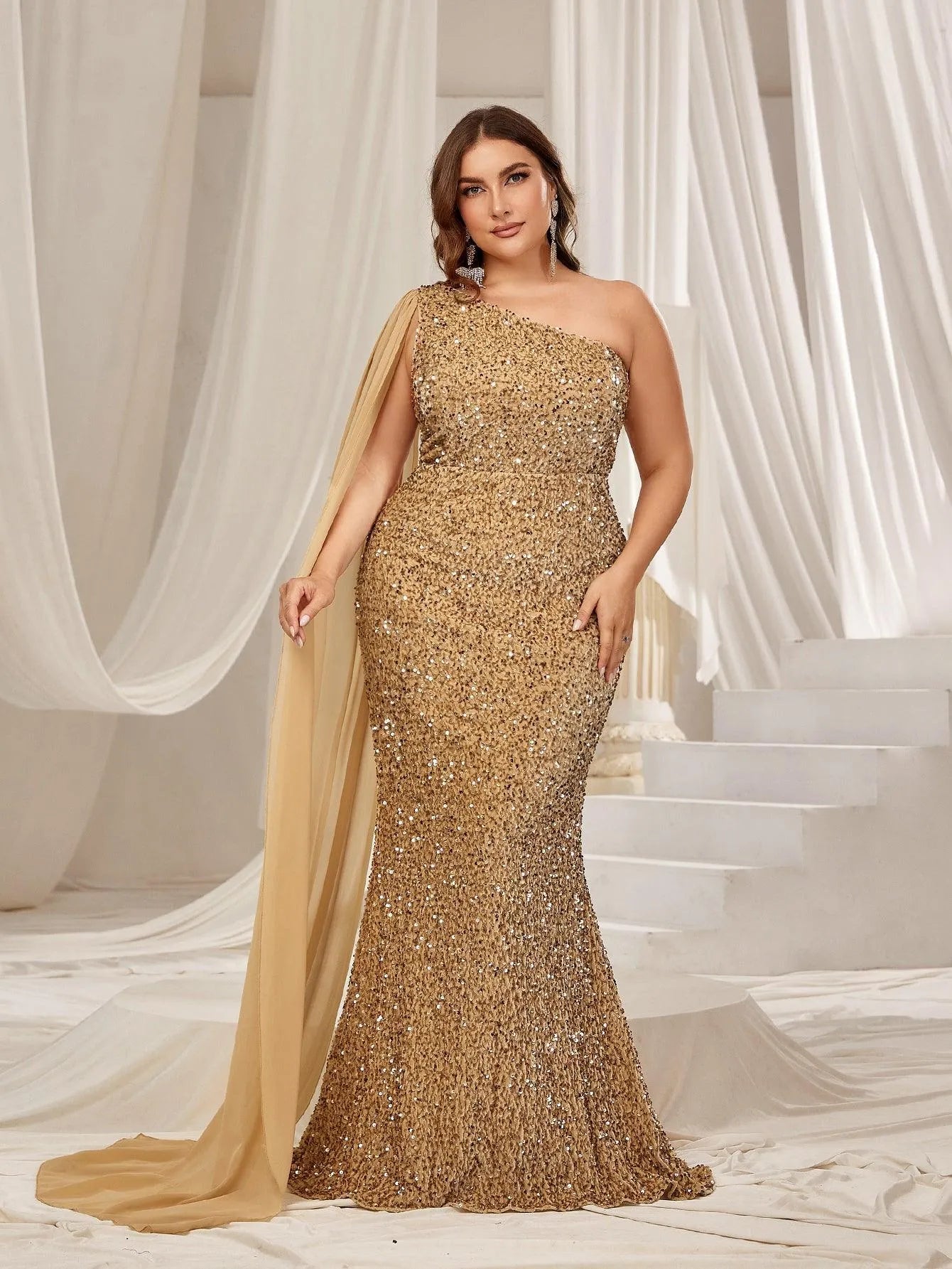 Plus One Shoulder Draped Side Sequin Mermaid Dress