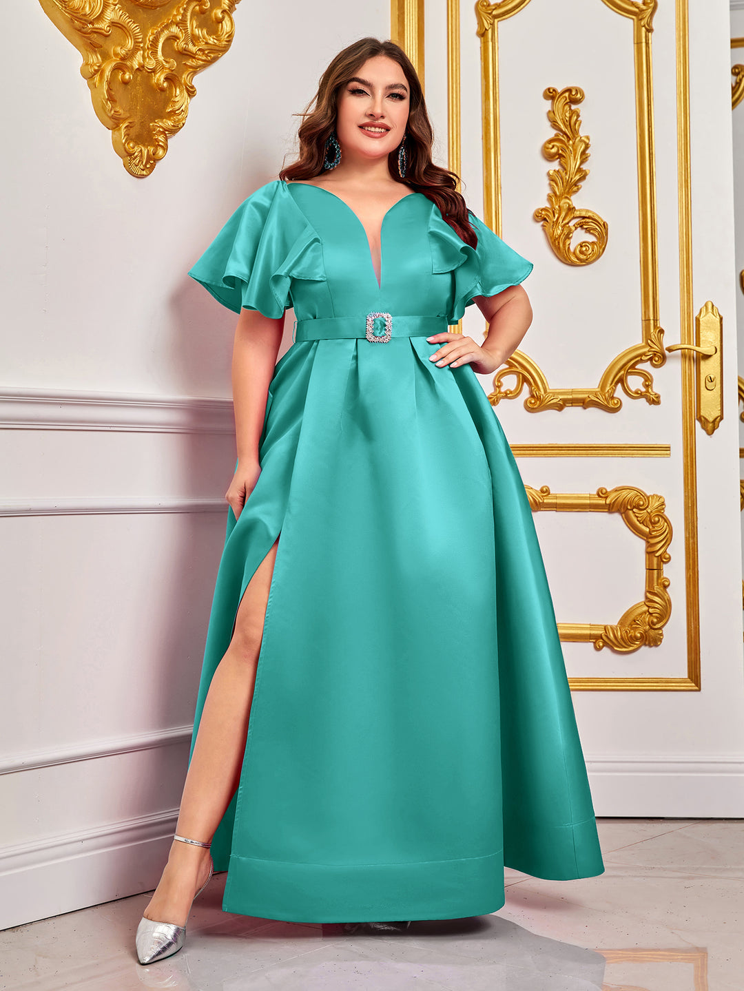 Plus Elegant V-Neck Ruffle Short Sleeves Wide Waist Belt Prom Gown