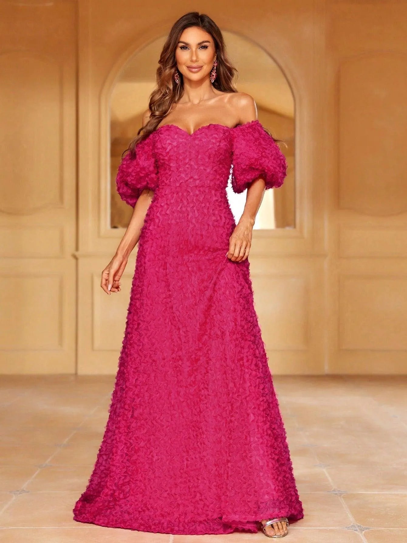 Textured Off-Shoulder Puff Sleeves Formal Dress