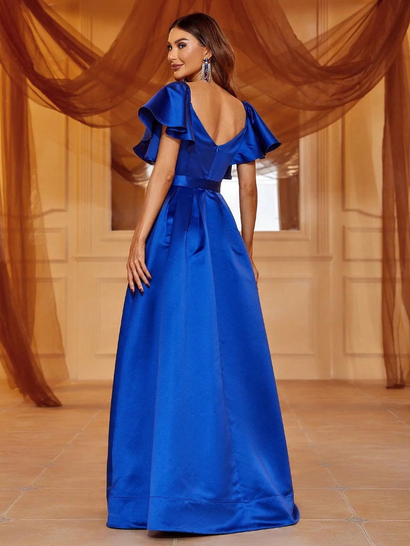 Elegant Ruffle Sleeve Split Thigh Buckle Belted Satin Dresses