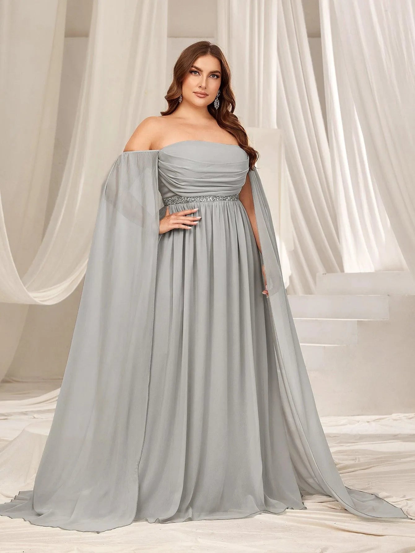 Plus Off Shoulder Extra-Long Sleeves Chiffon Prom Dress