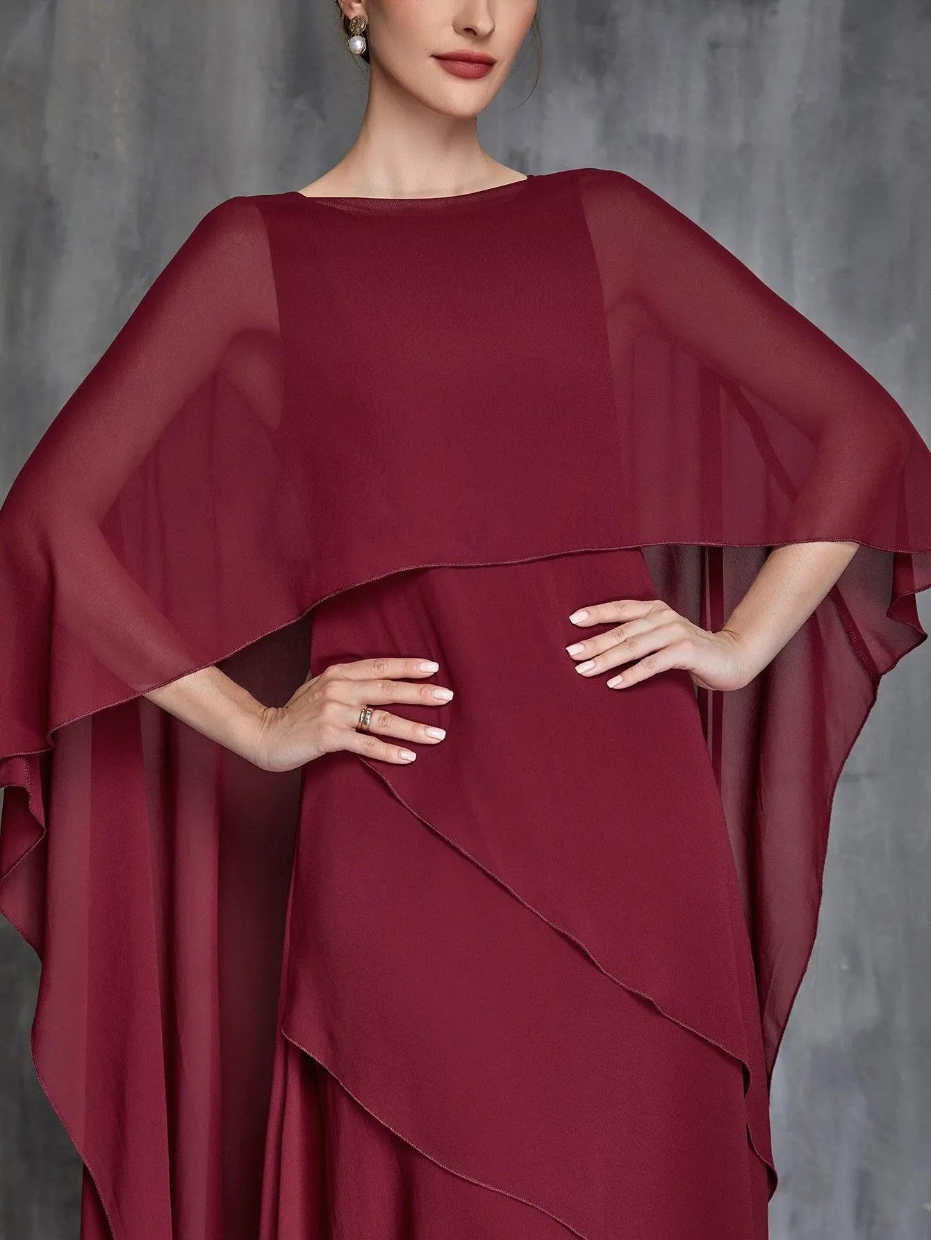 Womens' Solid Layered Hem Chiffon Cape Gown