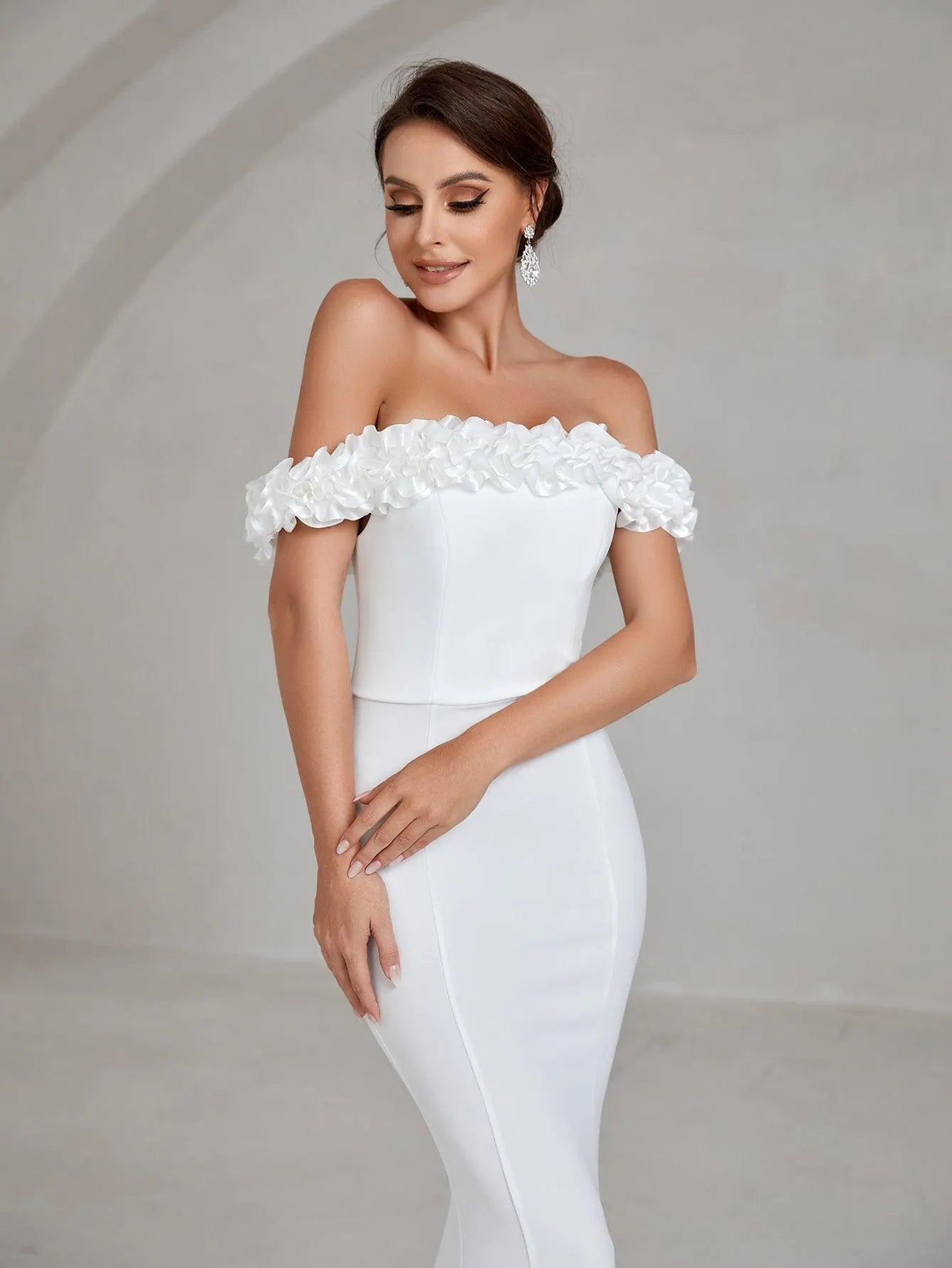 Ruffle Trim Off Shoulder Mermaid Hem Wedding Dress