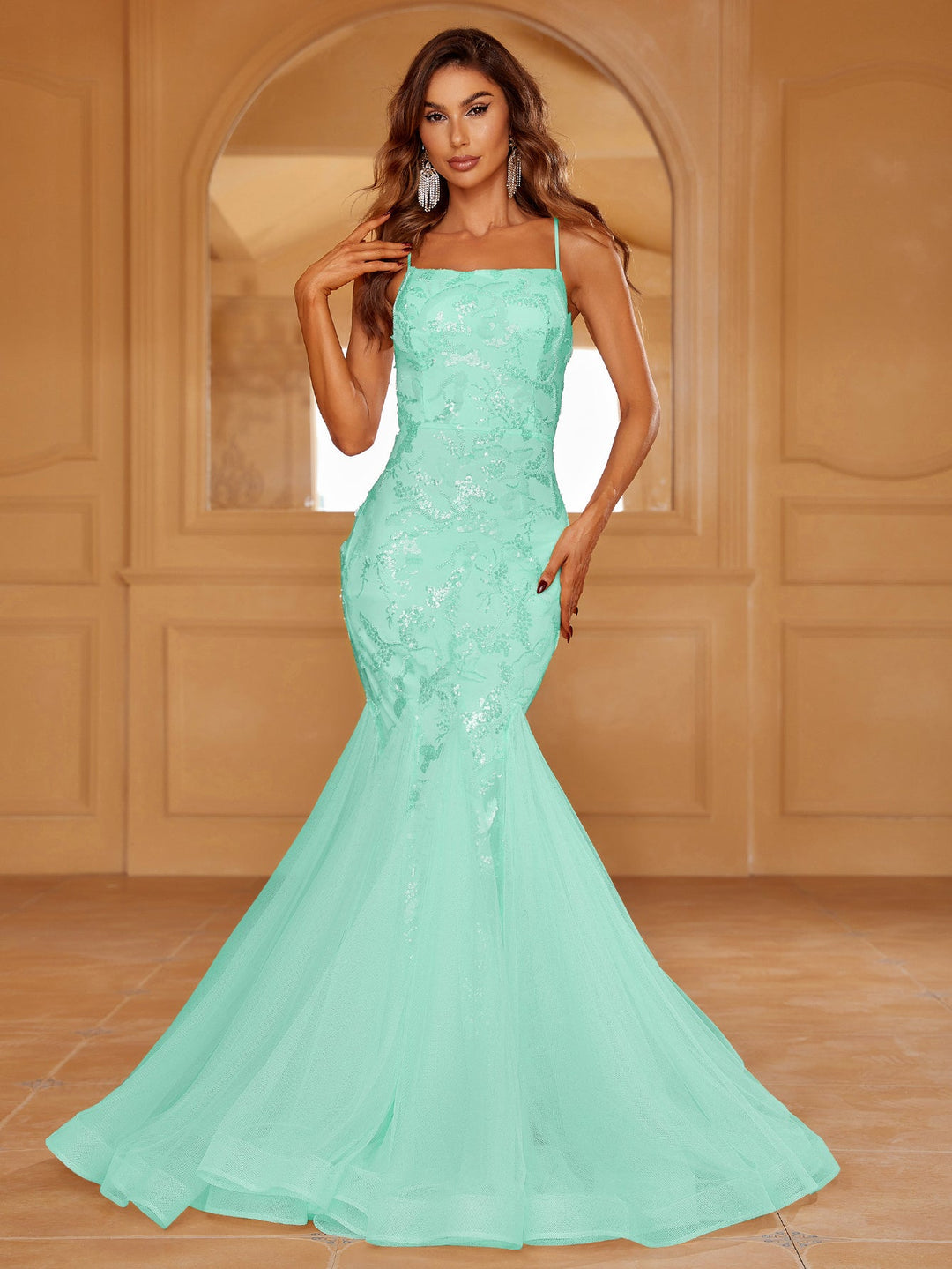 Spaghetti Strap Lace Up Backless Sequin Mermaid Dresses