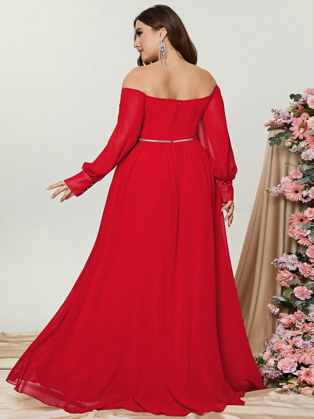 Plus Size Elegant Off Shoulder Long Sleeve Chiffon A Line Dresses