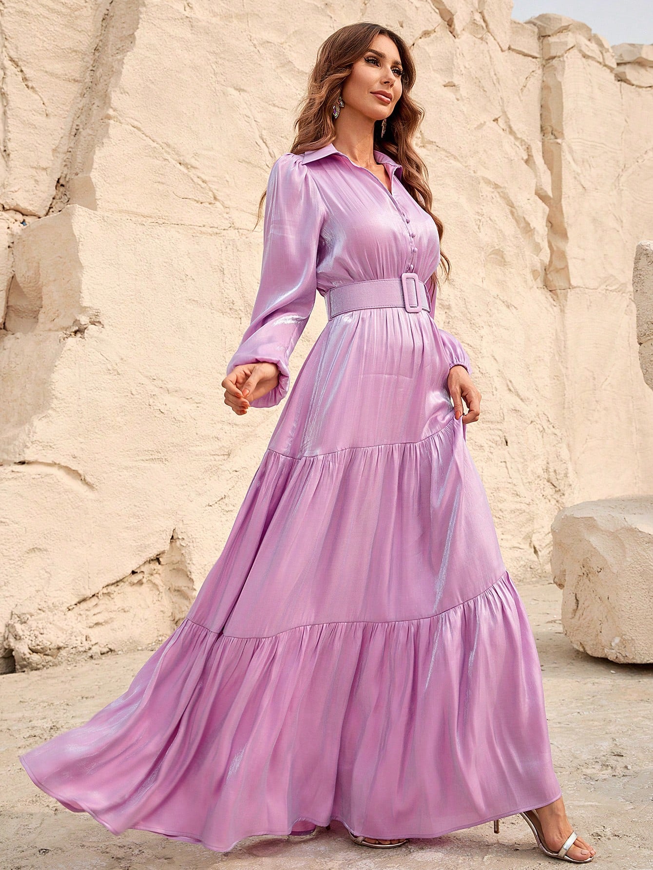 Elegant Lantern Sleeve Ruffle Hem Belted Chiffon Dress