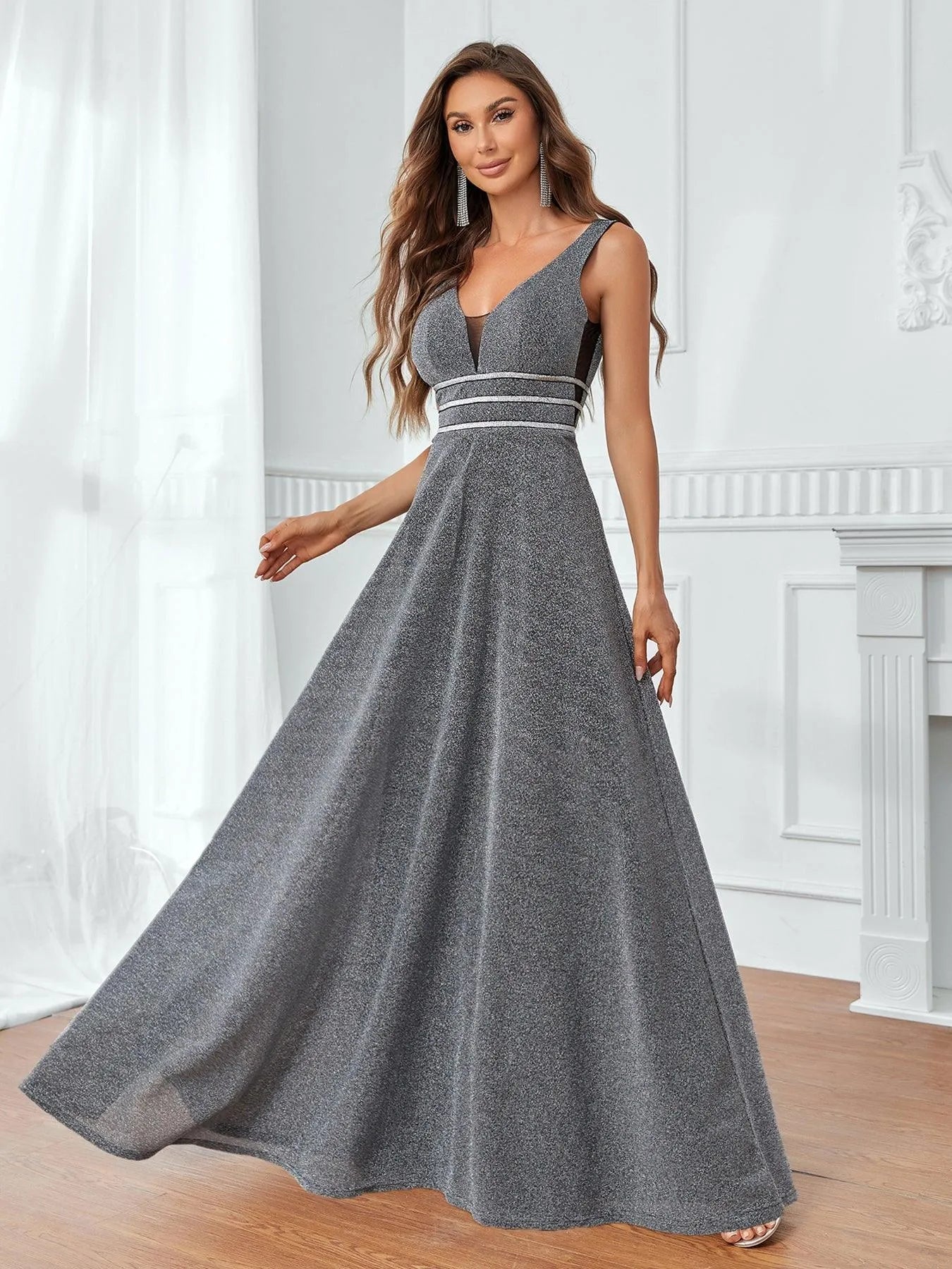 Glitter V Neck Sleeveless A Line Dress