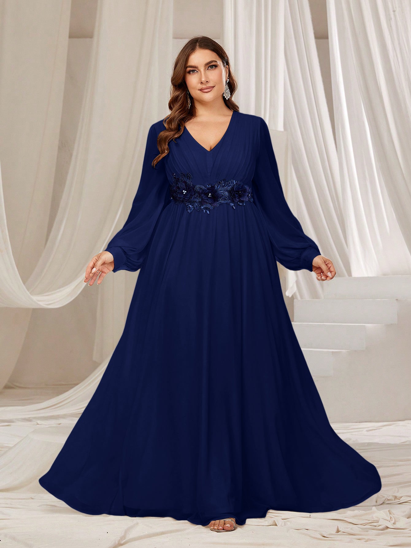 Plus Floral Applique Lantern Sleeves Chiffon Formal Dress